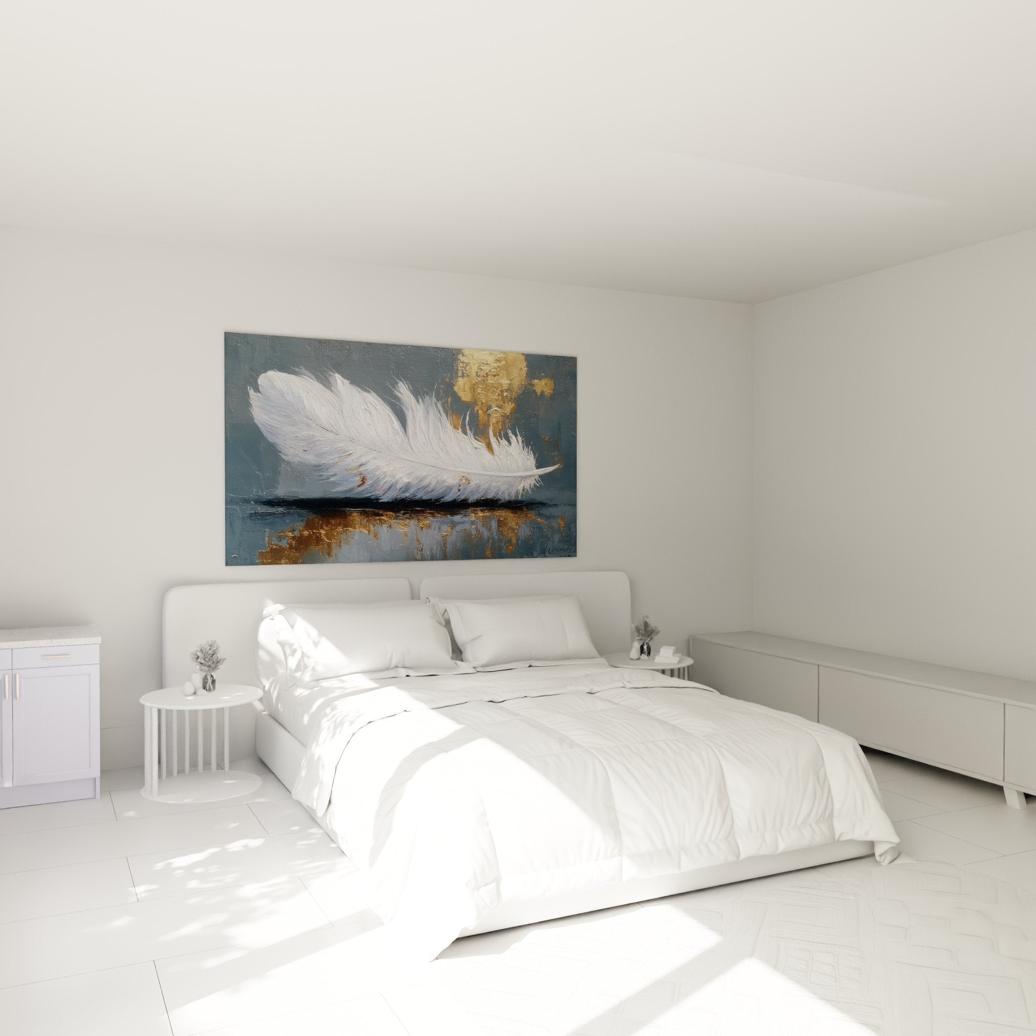 Bedroom decoration with white feather artwork and golden reflections, serene and calming ambiance for sleeping space