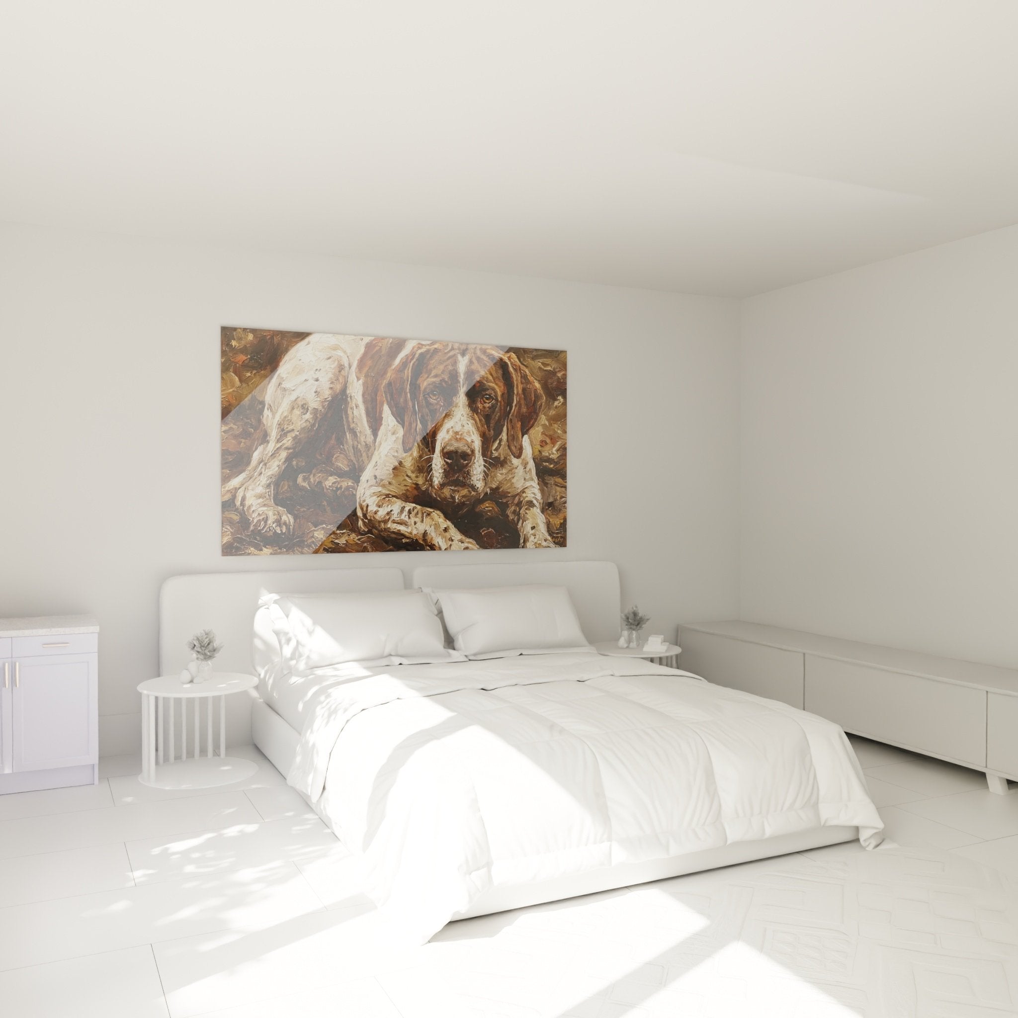 Decorazione murale camera da letto con quadro cane Pointer Inglese armonie calde atmosfera accogliente