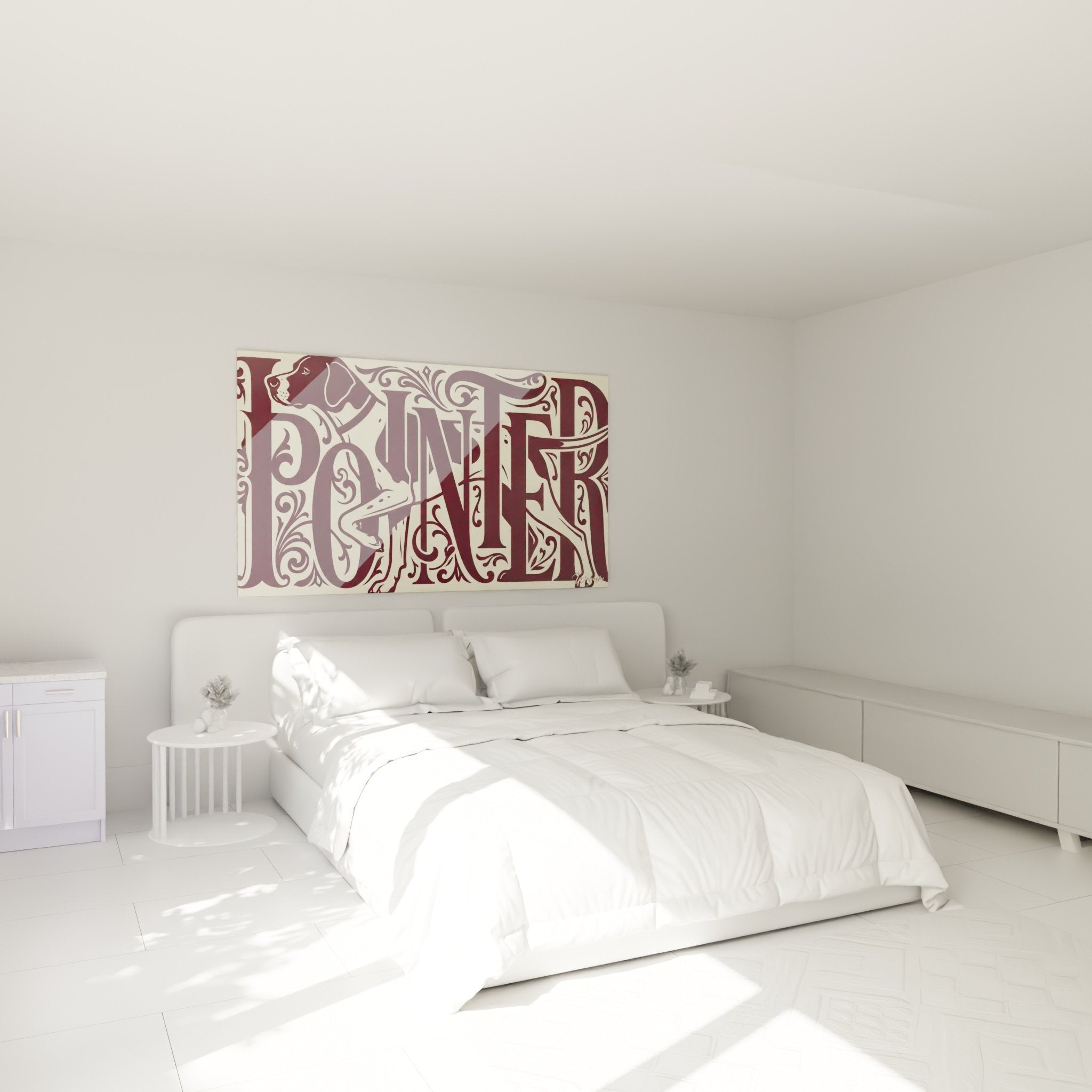 Tableau pointer anglais bordeaux dans chambre moderne décoration murale élégante