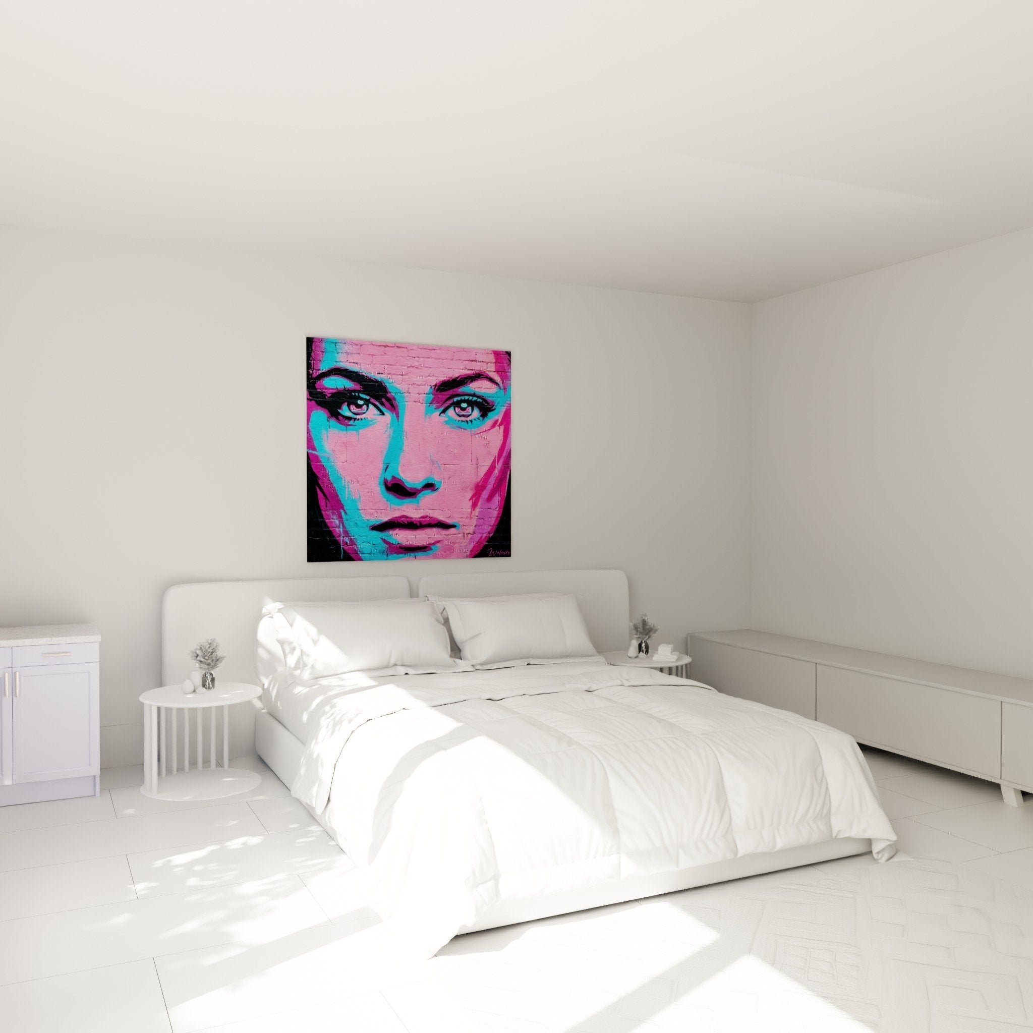 Decoration chambre tableau portrait feminin street art rose cyan ambiance moderne loft urbain