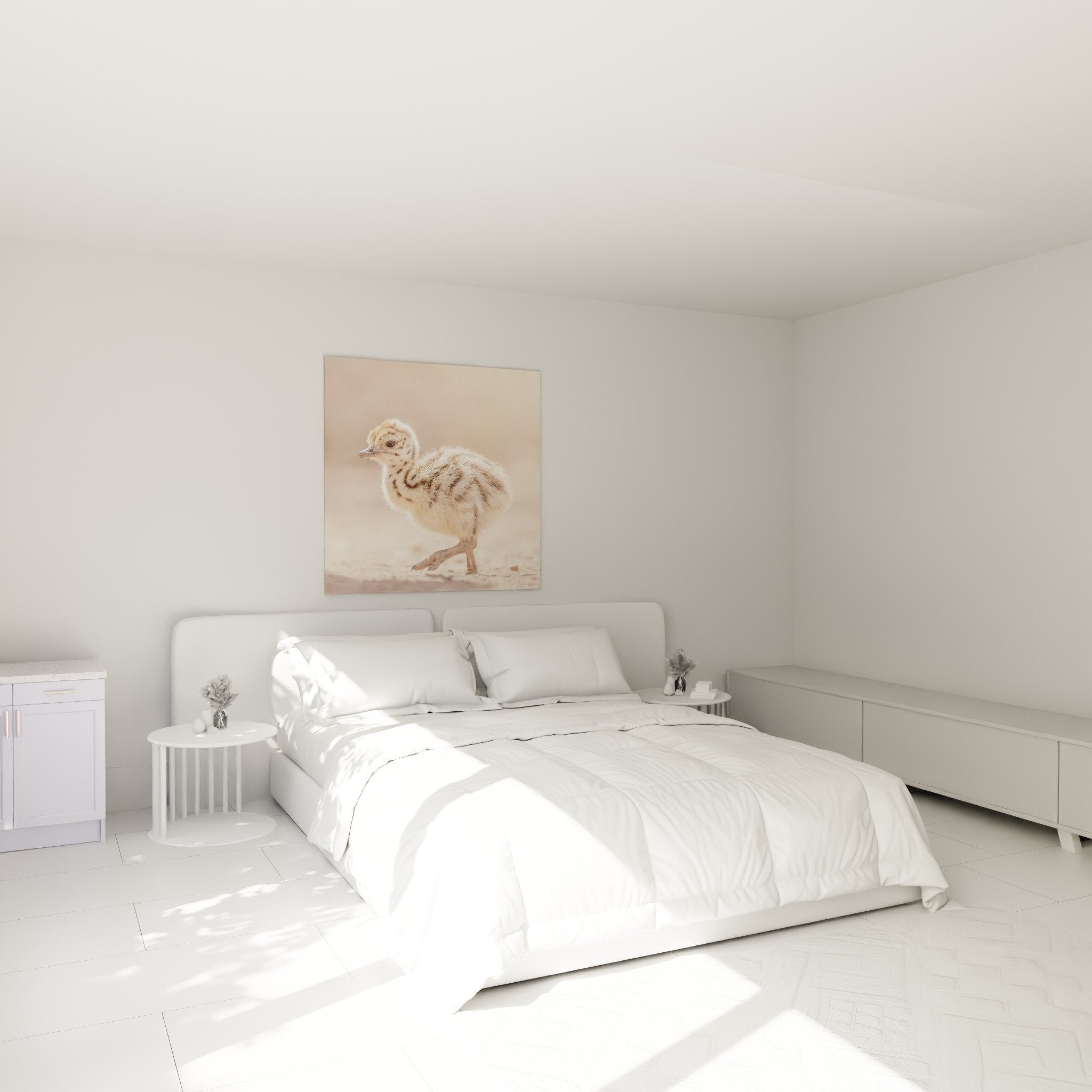 Natural bedroom decor ostrich artwork golden tones light walls soft ambiance