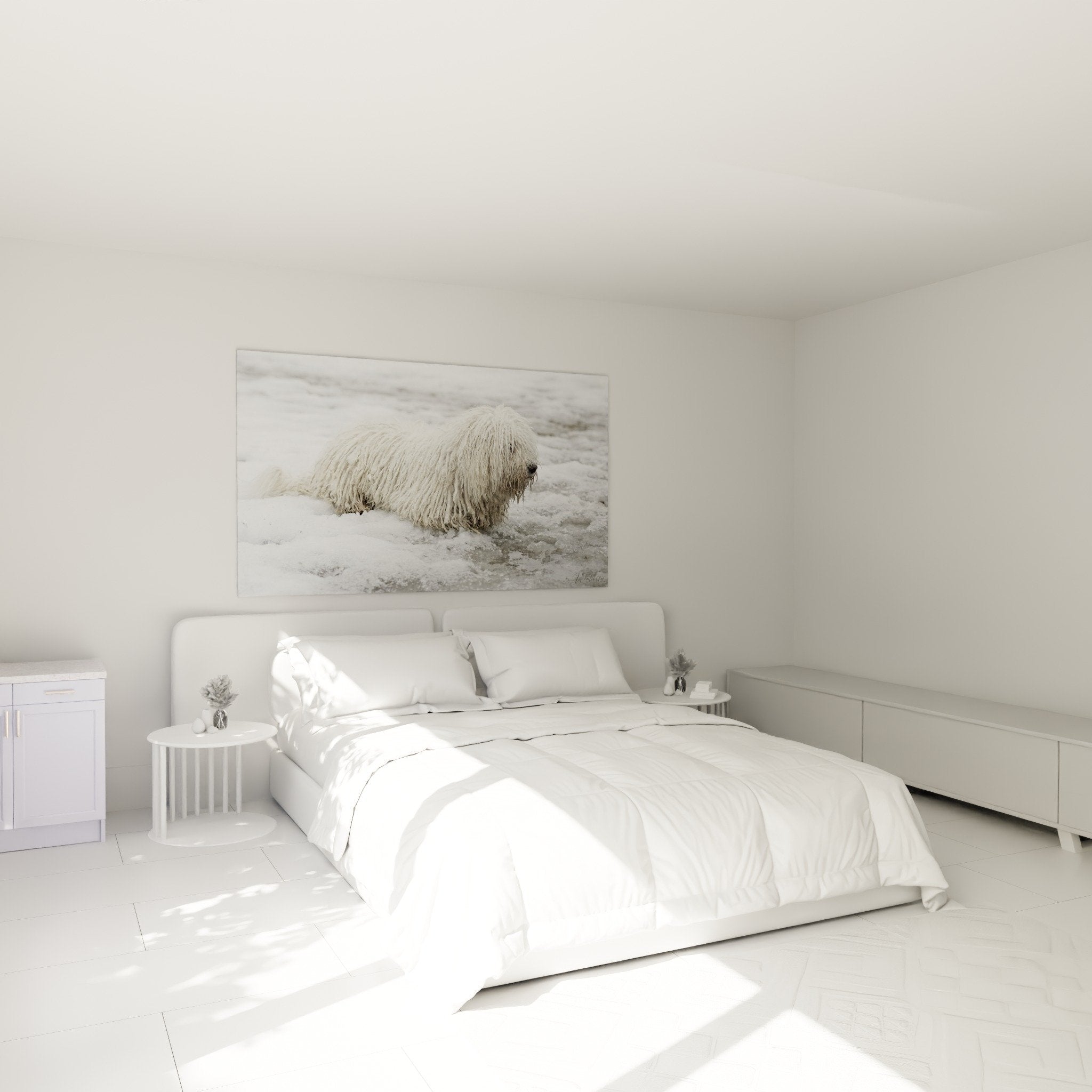Decoration chambre avec tableau puli blanc dans neige, ambiance cocooning chien poils longs hiver