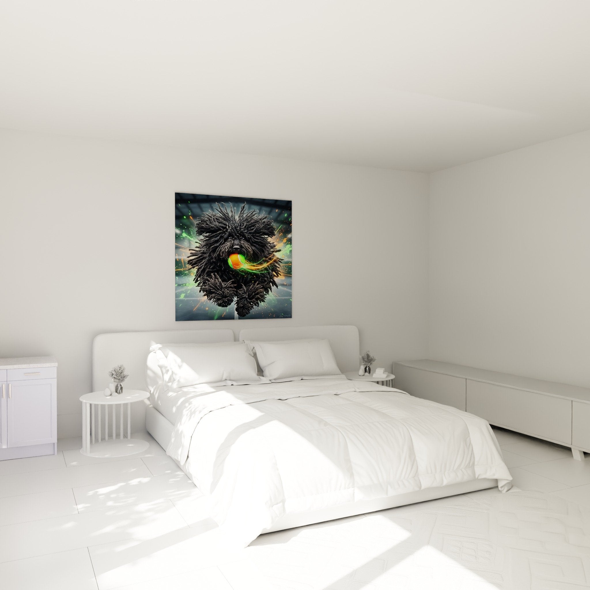 Tableau Puli dreadlocks balle lumineuse décorant élégamment une chambre moderne aux tons neutres