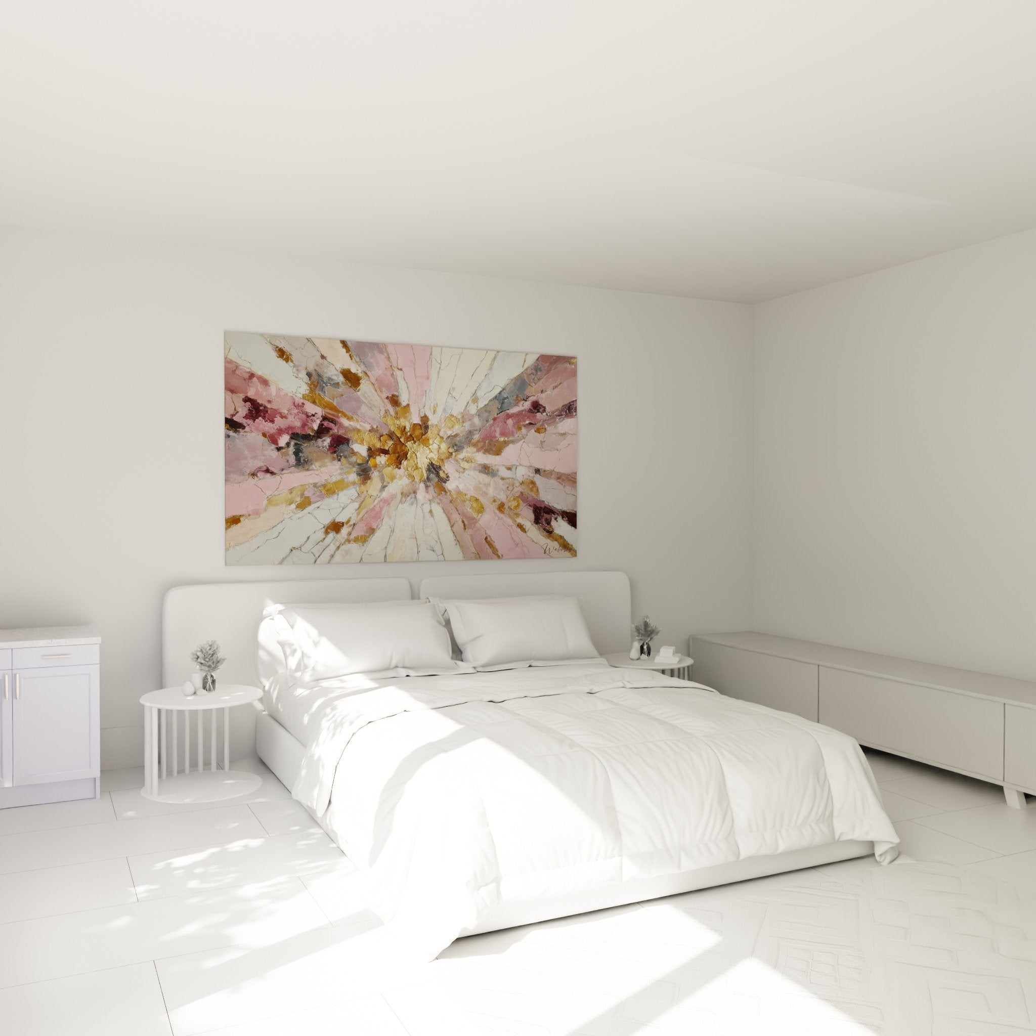 Decoration chambre tableau explosion doree et rose feng shui sud-ouest terre ambiance cocooning
