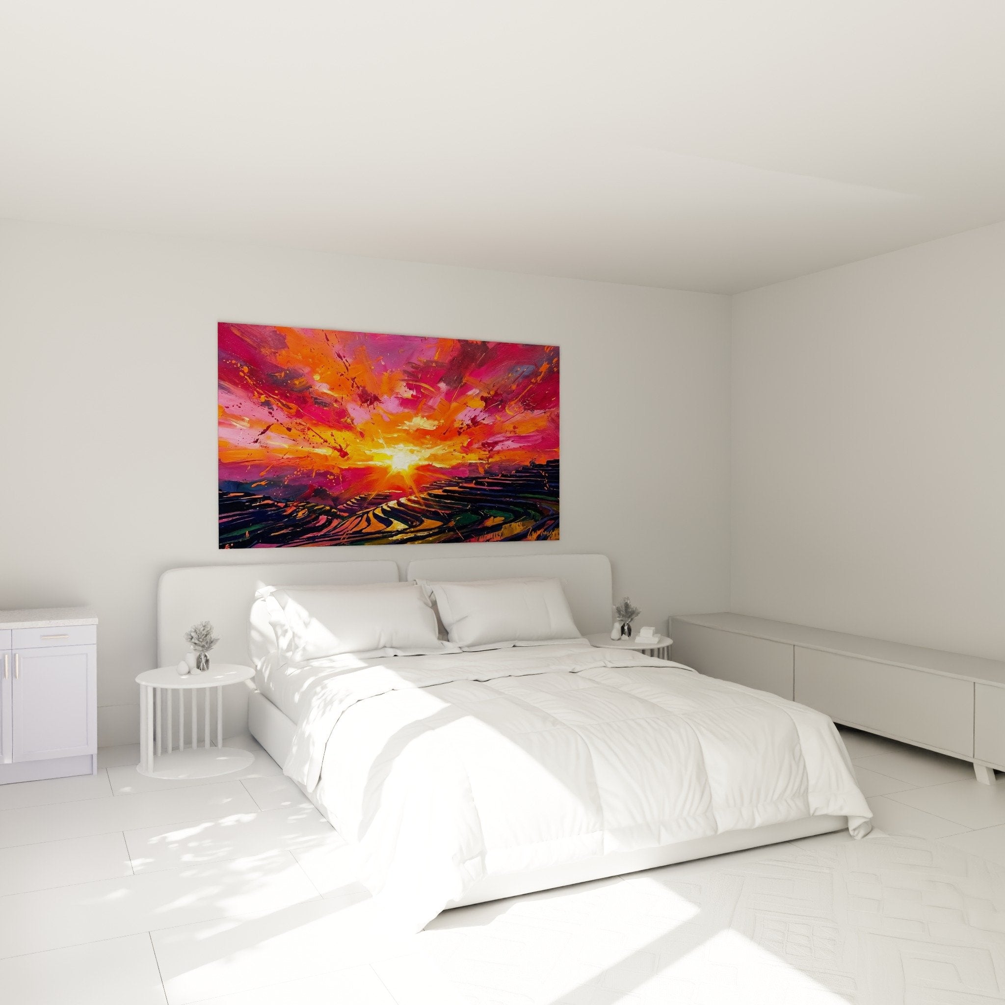 wandgemälde reisfelder sonnenaufgang schlafzimmer wanddekoration zen atmosphäre warme farben rosa orange