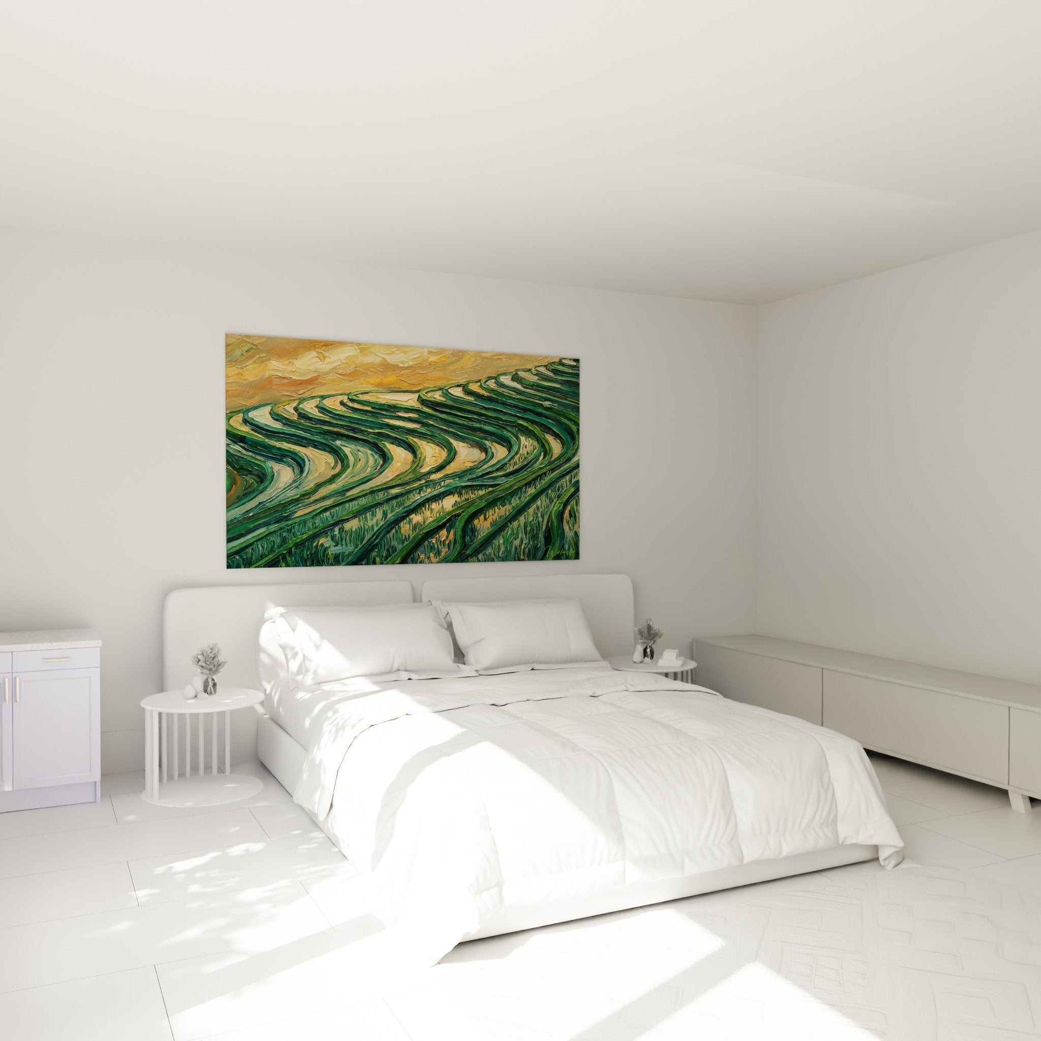 Rice terrace wall art in green and gold tones decorating a bedroom with zen Bali-style ambiance