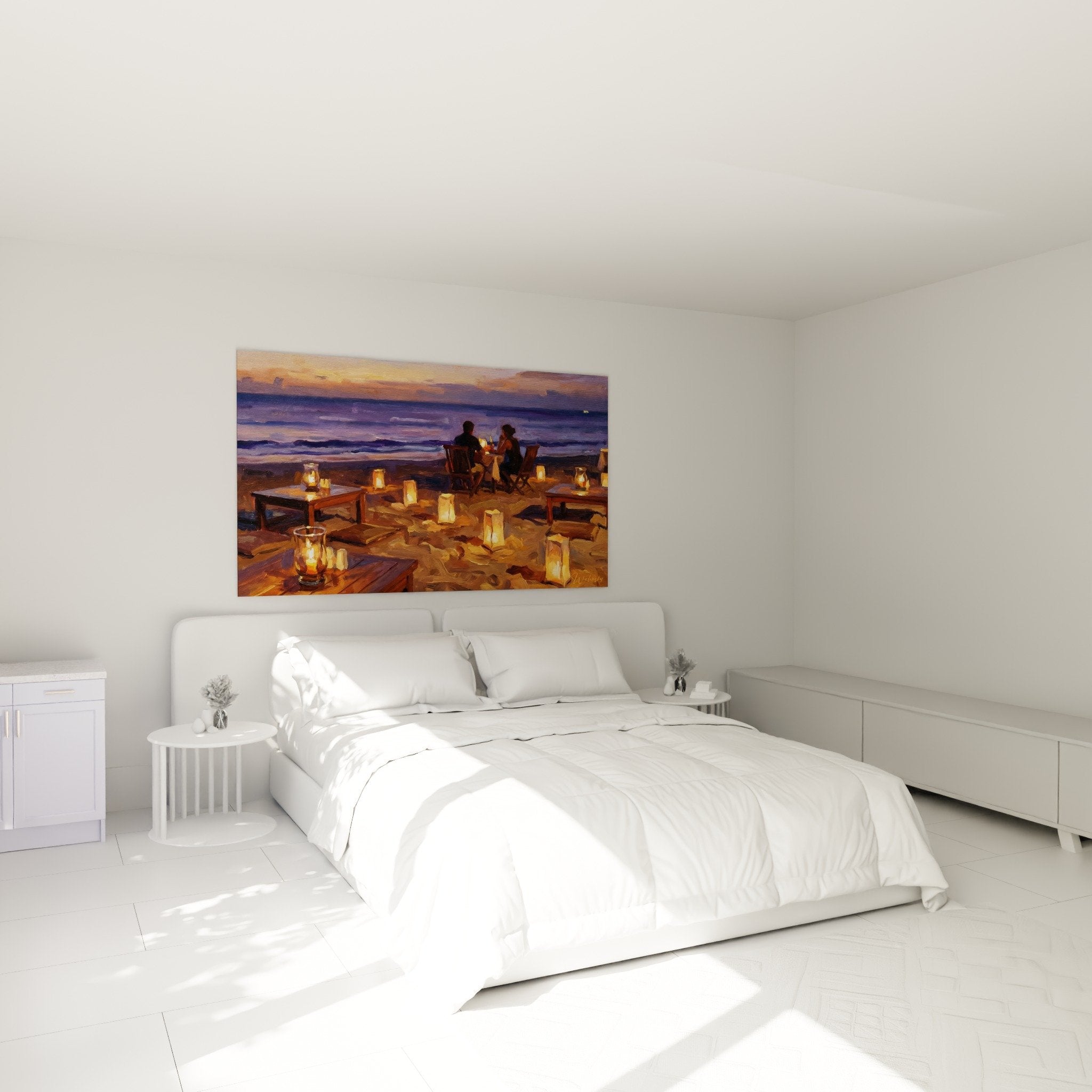 Deco chambre tableau romantique plage tropicale lanternes coucher soleil ambiance intime Bali