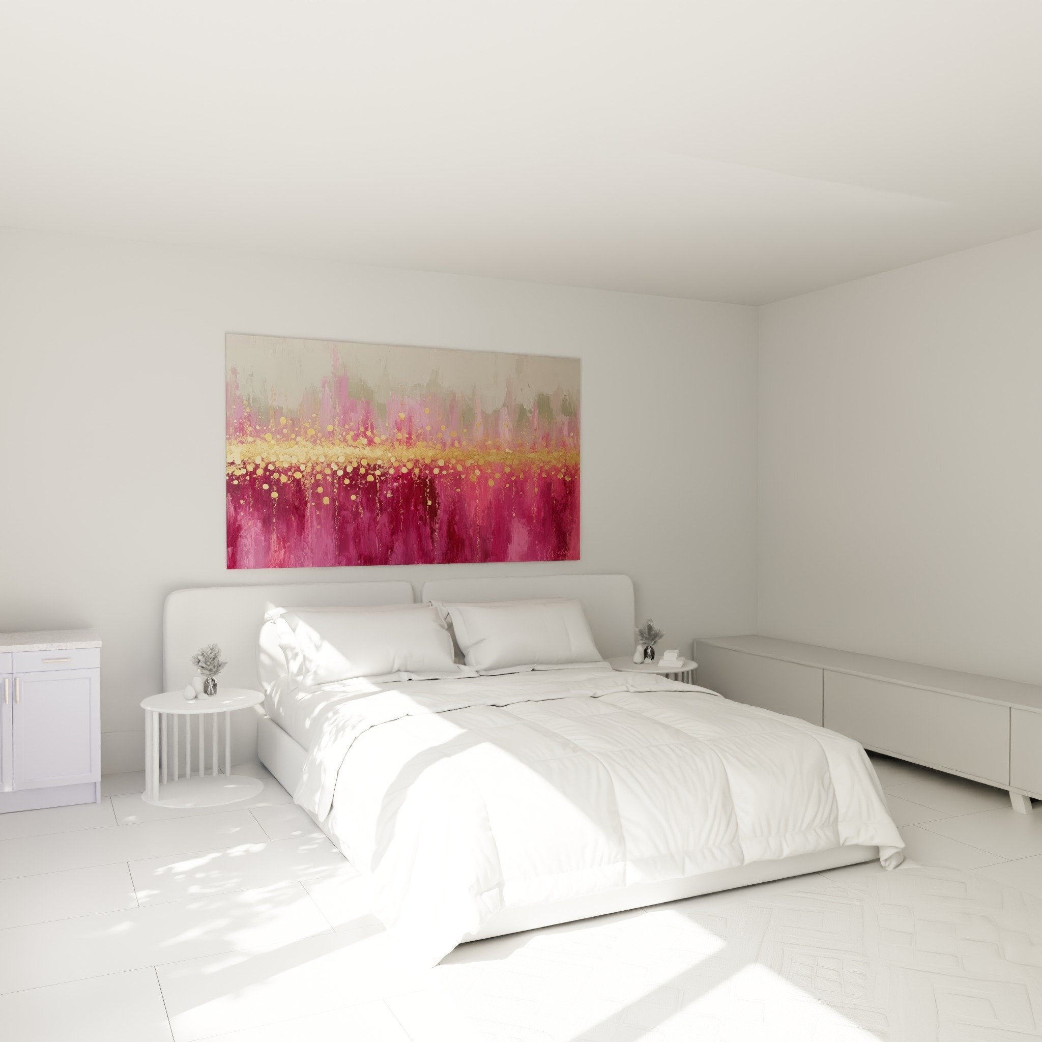 Decoration chambre tableau rose abstrait points lumineux dores ambiance romantique feng shui