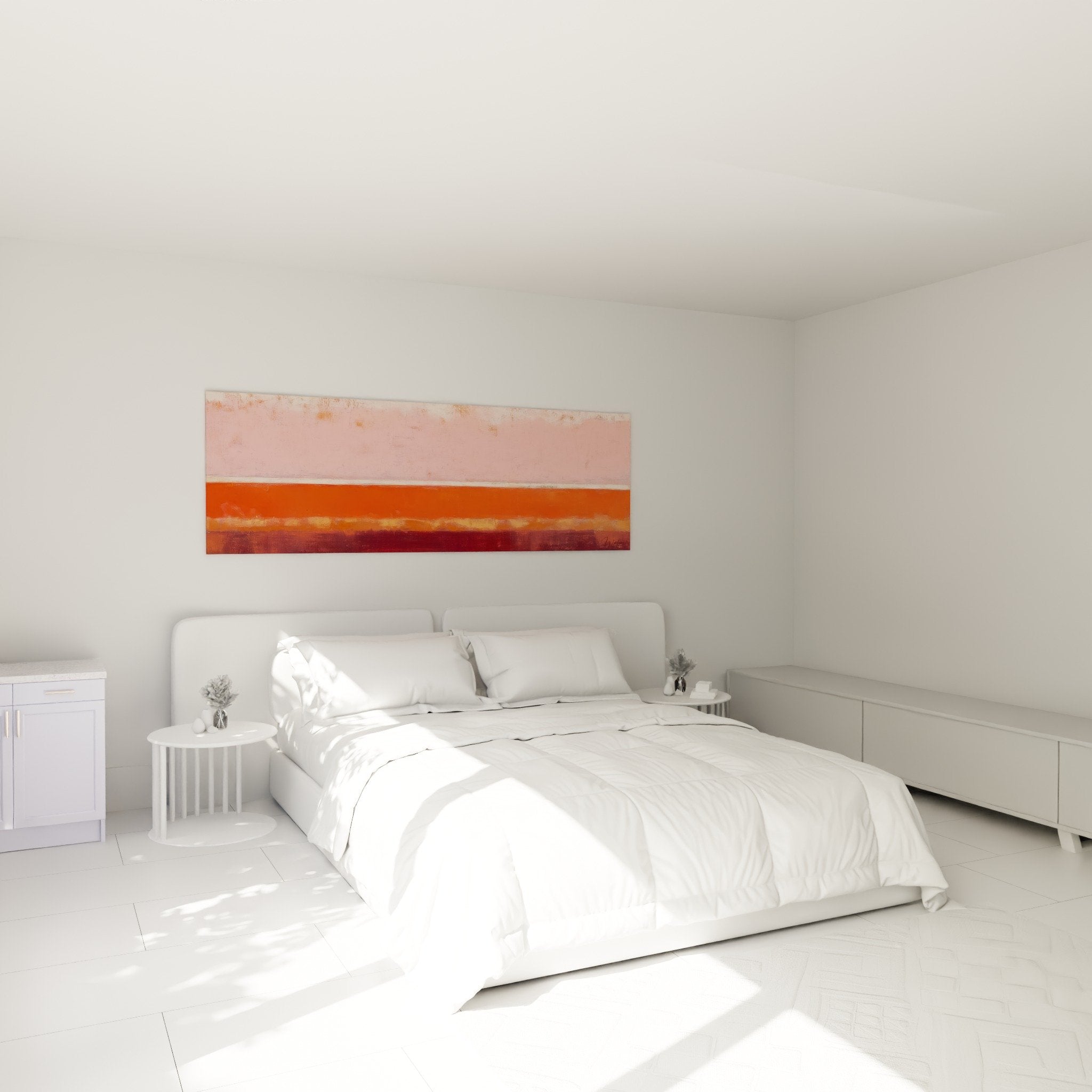 Œuvre abstraite rose corail dans chambre moderne, ambiance douce et harmonieuse style Feng shui Sud-Ouest