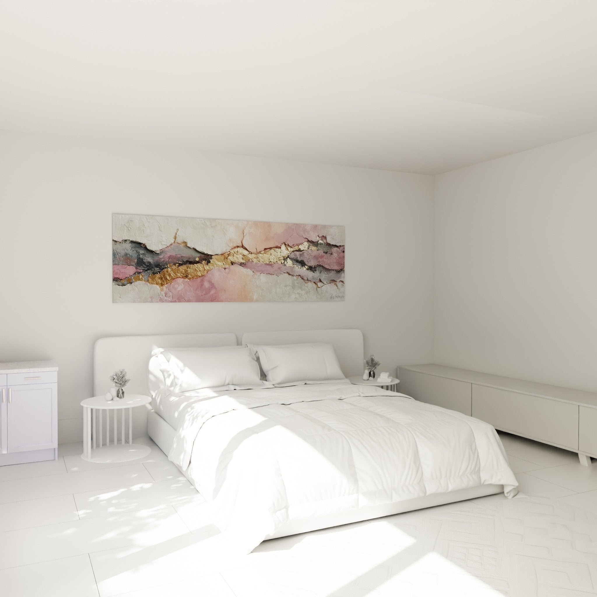Schlafzimmer-Dekoration abstraktes Gemälde rosa gold beruhigende Atmosphäre Feng-Shui Südwesten Erde