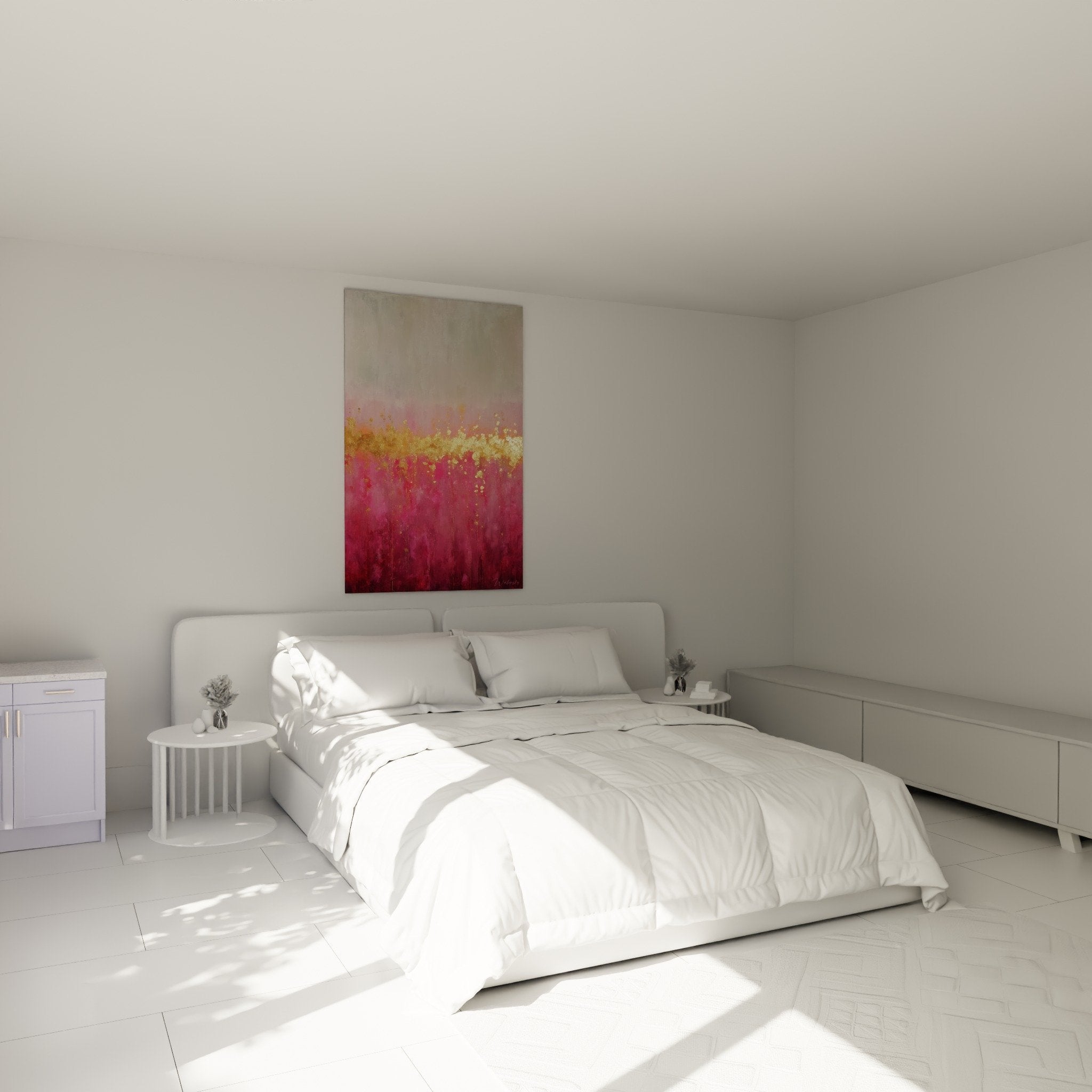 Œuvre abstraite rose et or dans chambre moderne ambiance feng shui harmonieuse