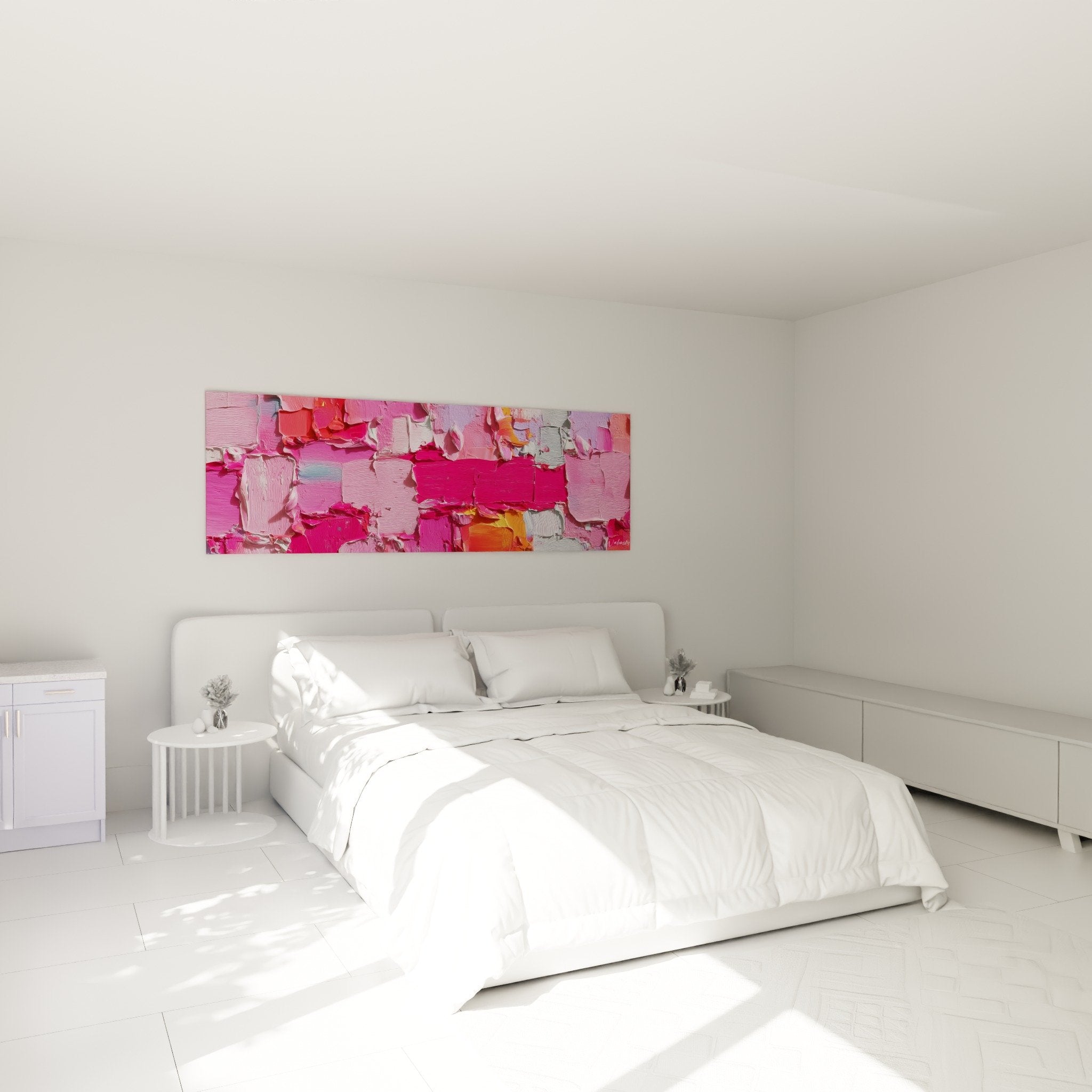 deco chambre tableau rose fuchsia abstrait mur tete lit feng shui sud ouest terre