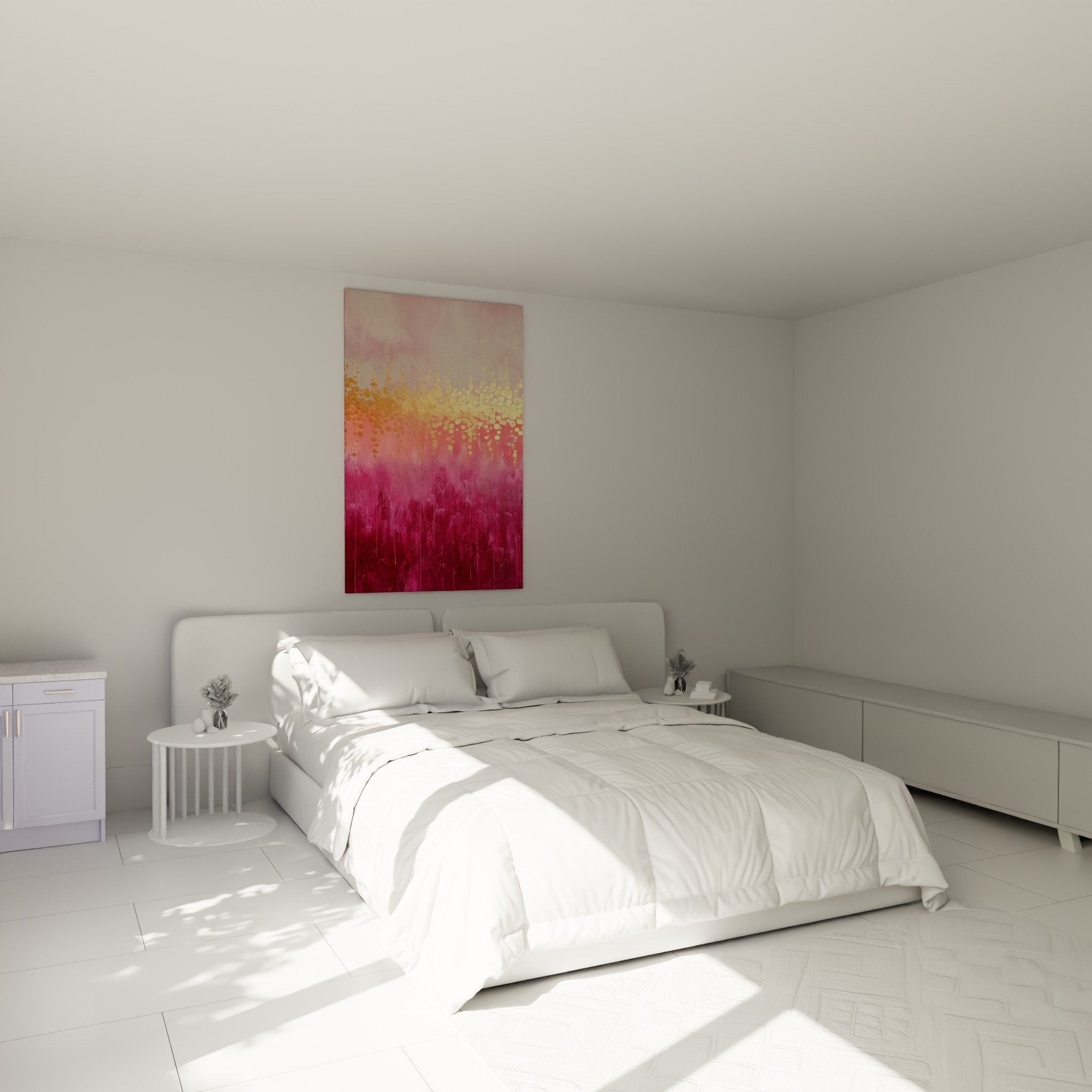 Tableau abstrait rose or installé au-dessus du lit dans chambre moderne ambiance feng shui