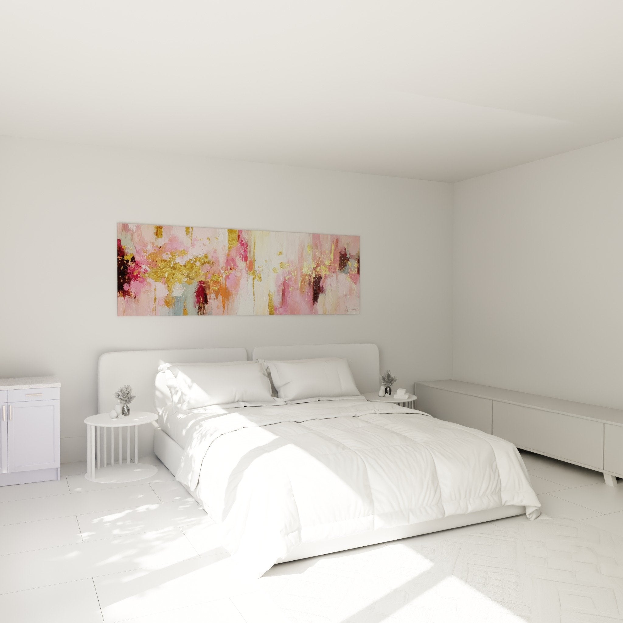 Decoration chambre tableau rose et or abstrait ambiance feng shui terrestre apaisante