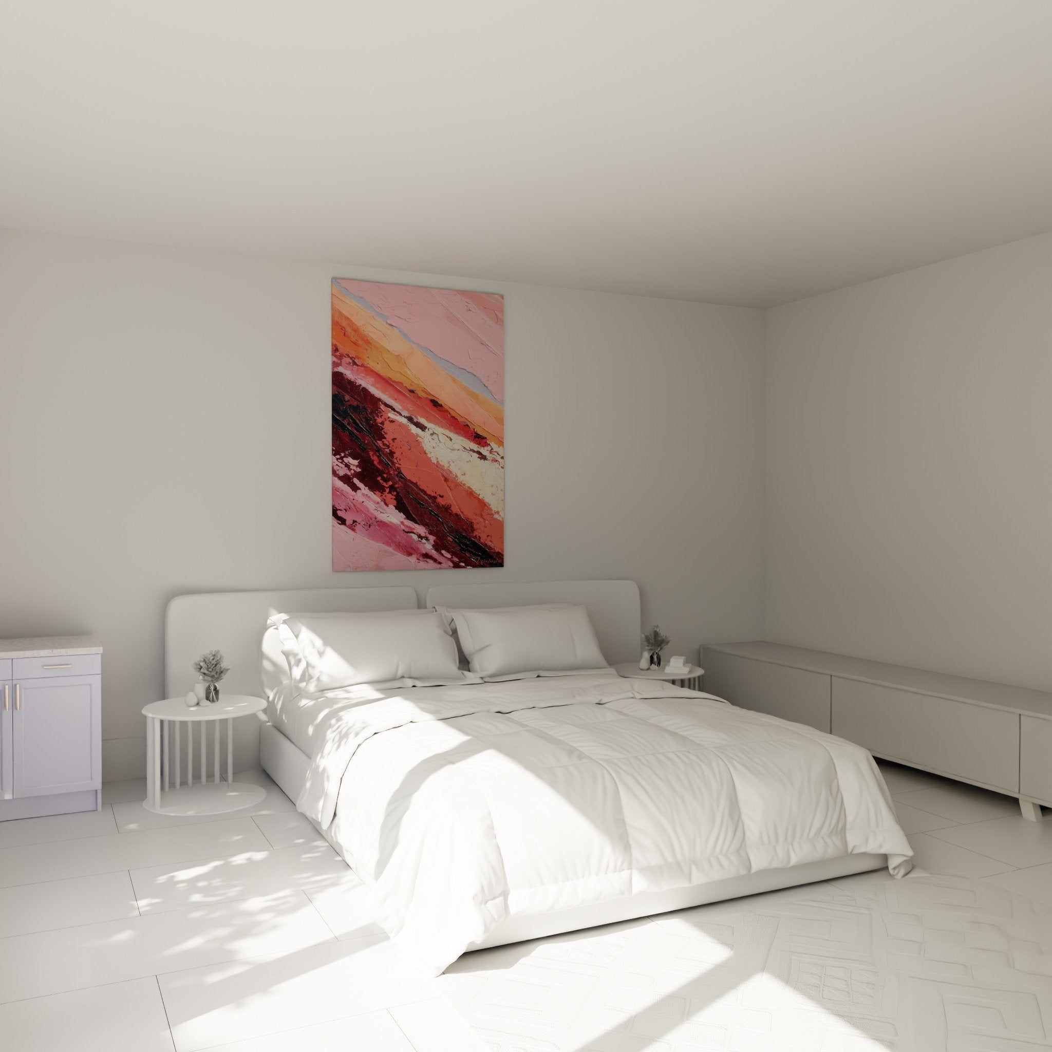 Decoration chambre tableau abstrait rose terre feng shui harmonie couleurs douces