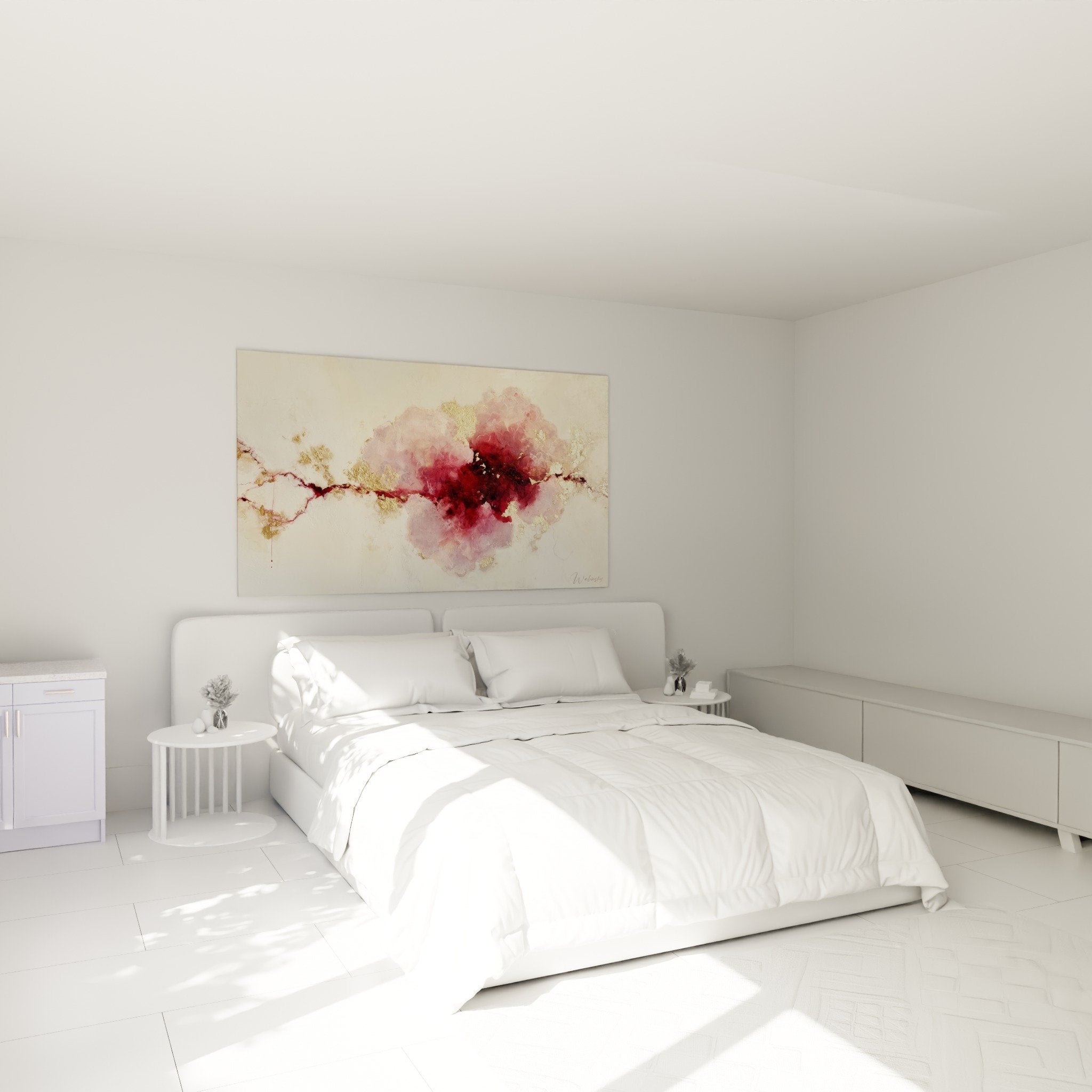 Abstract bedroom wall art with dusty rose and gold tones, cocooning ambiance, Feng shui harmony for couples
