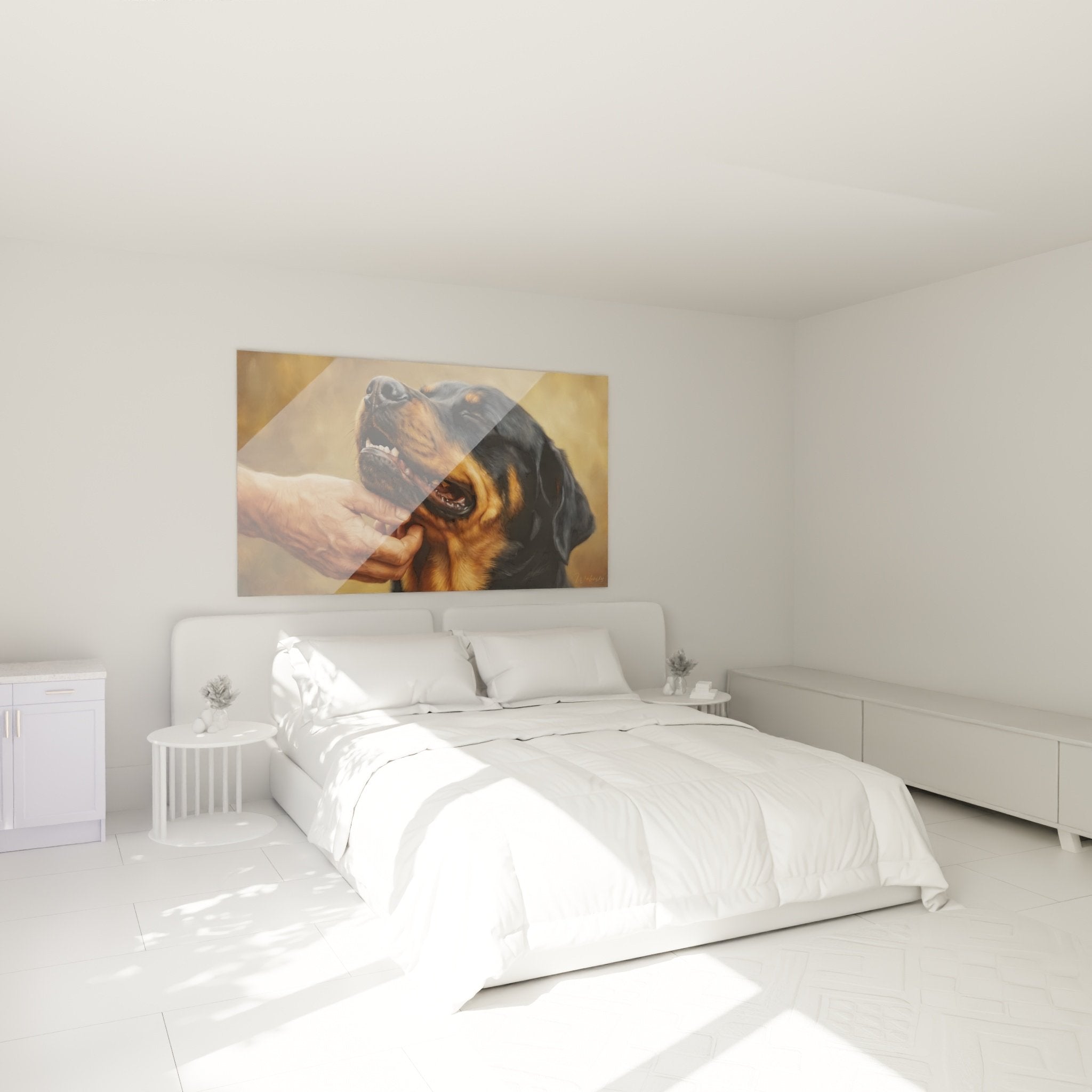 Quadro Rottweiler e mano complicità canina appeso alla parete camera atmosfera calda decorazione murale
