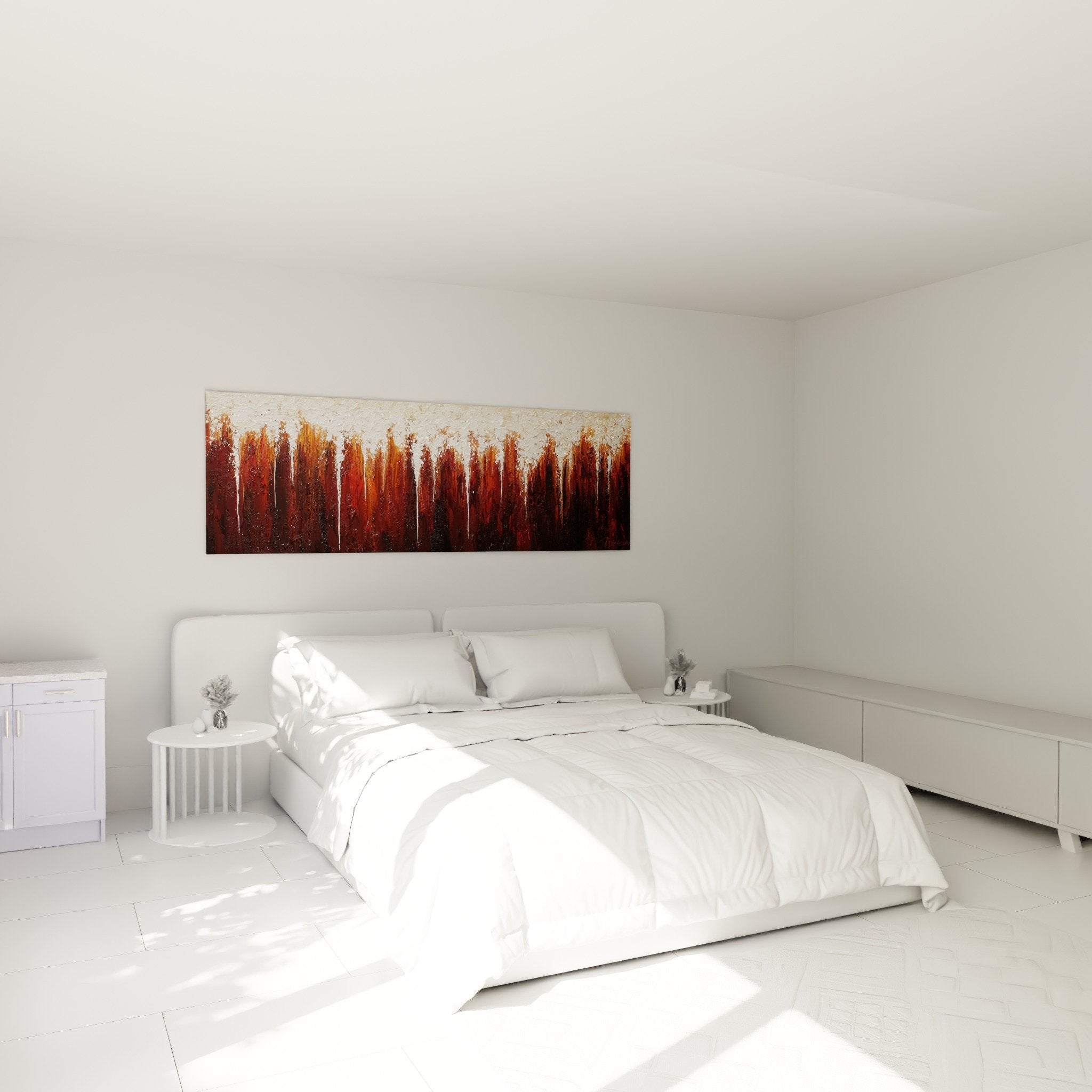 Deco chambre tableau abstrait rouge coulures verticales ambiance zen feng shui