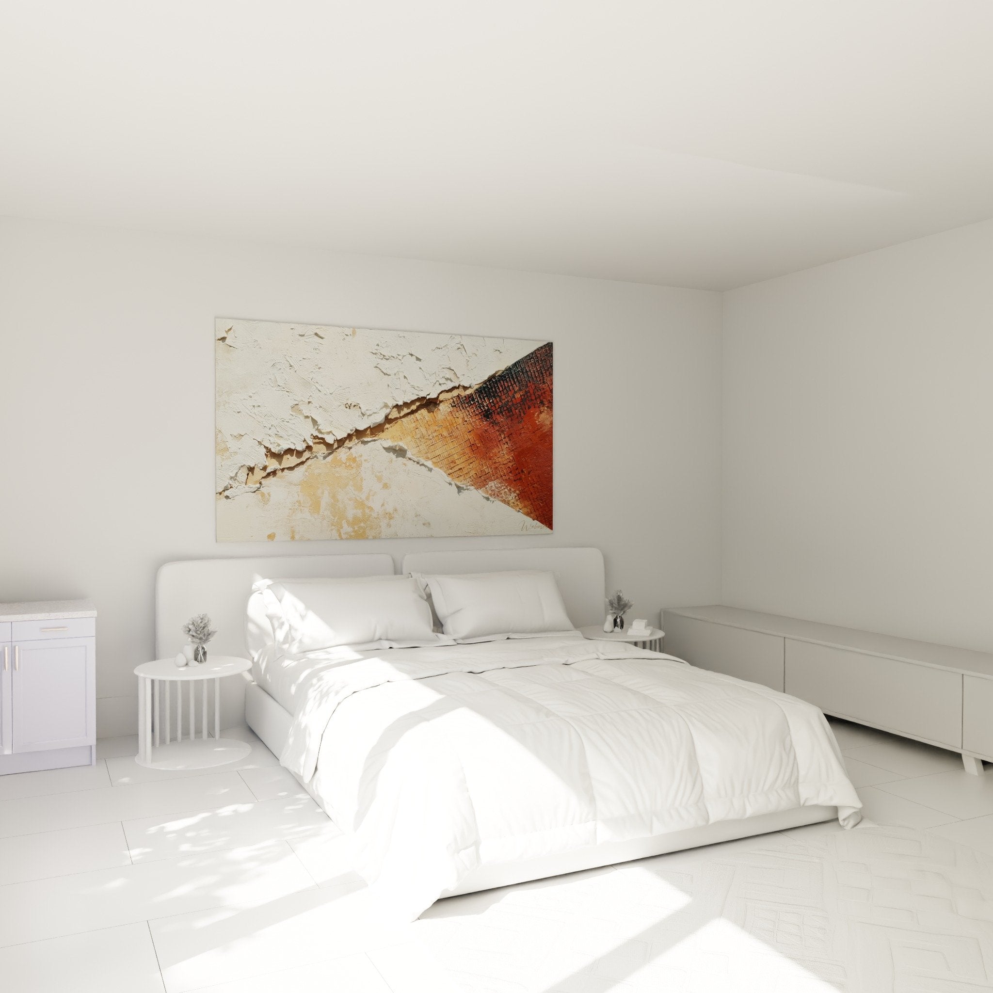 Tableau abstrait rouge terreux dans chambre mur blanc mobilier bois naturel décoration zen