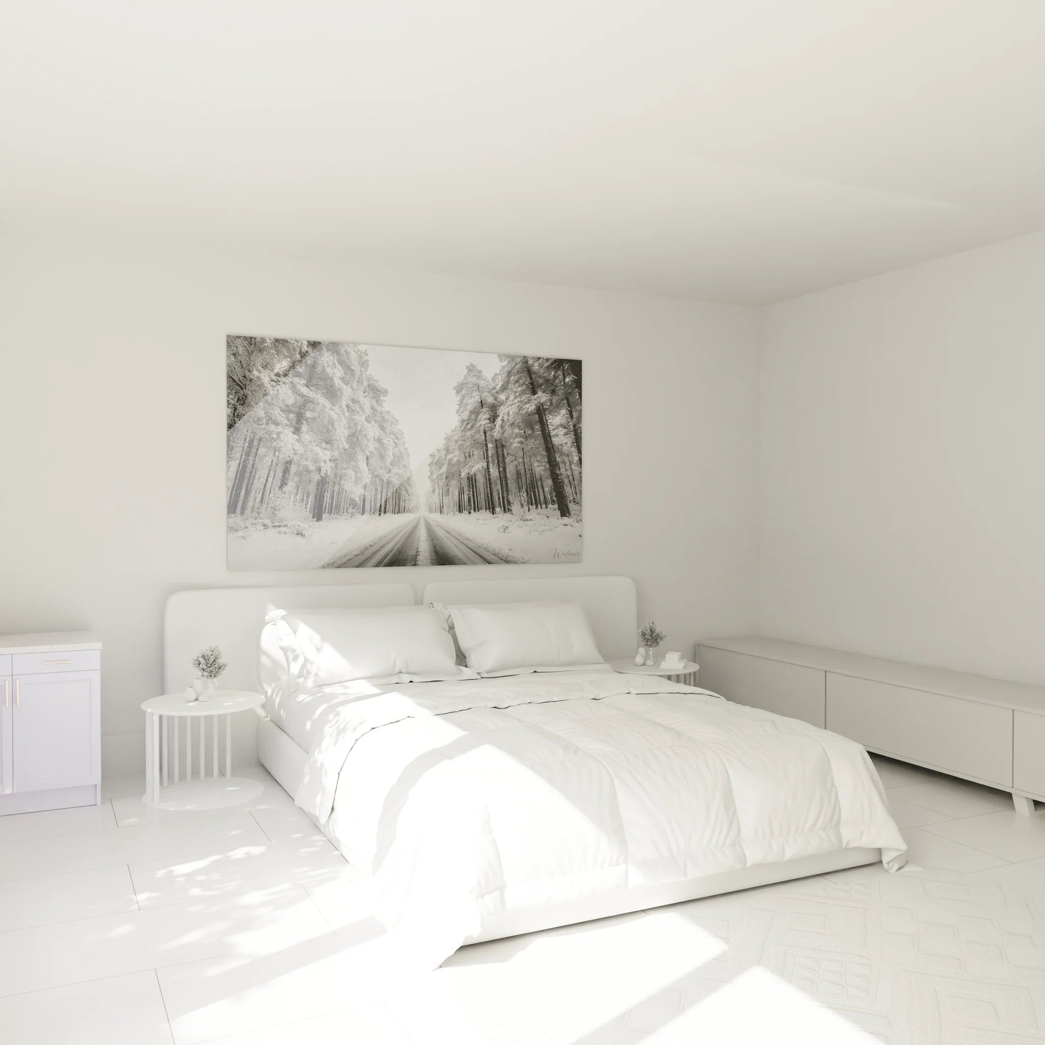 Décoration chambre avec tableau paysage hivernal noir et blanc route forestière enneigée