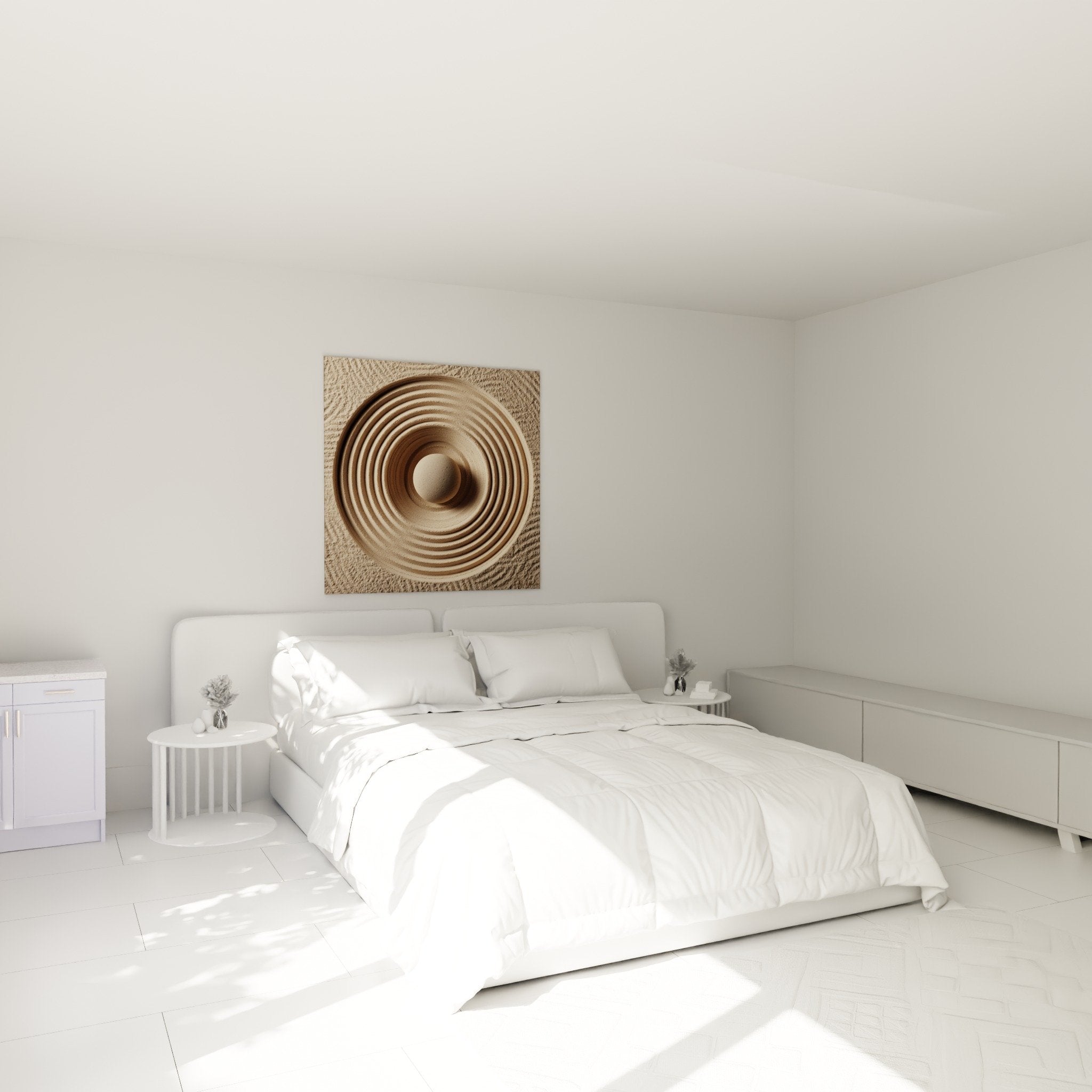 décoration chambre tableau sable cercles beiges ambiance zen minimaliste apaisante naturelle