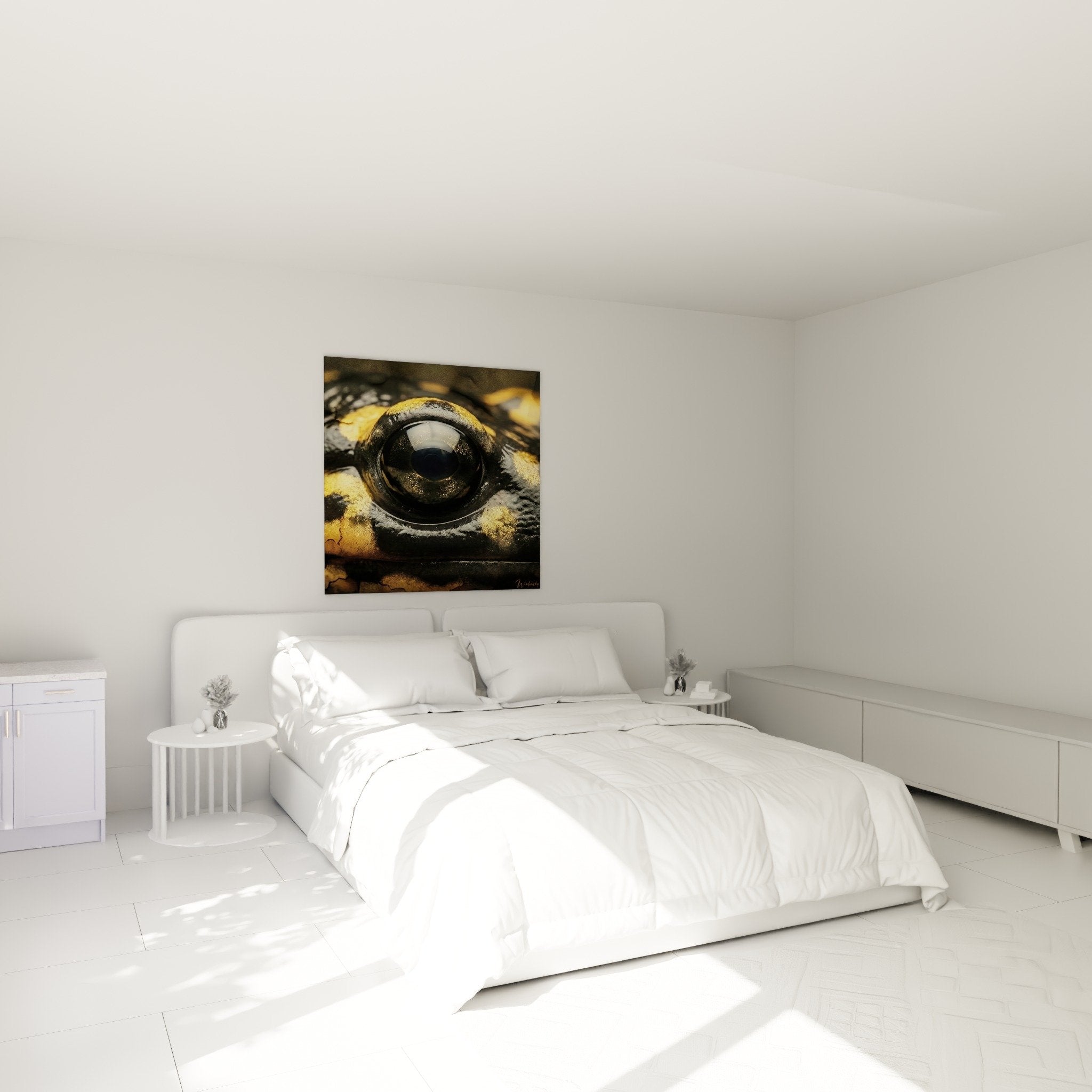 Tableau oeil salamandre dore accroche au mur dans chambre moderne avec decoration naturelle