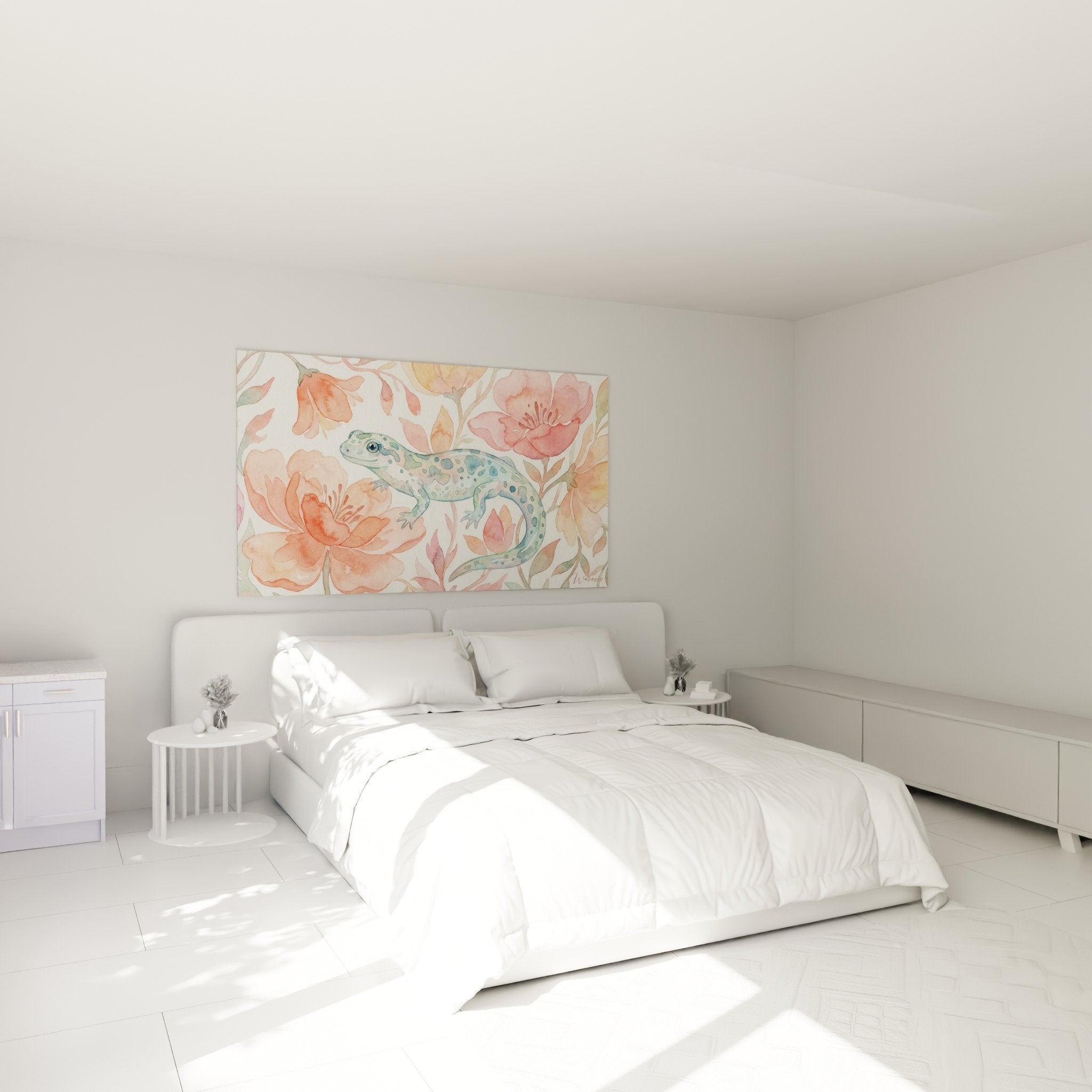 Tableau salamandre florale aquarelle décorant une chambre aux tons naturels et apaisants