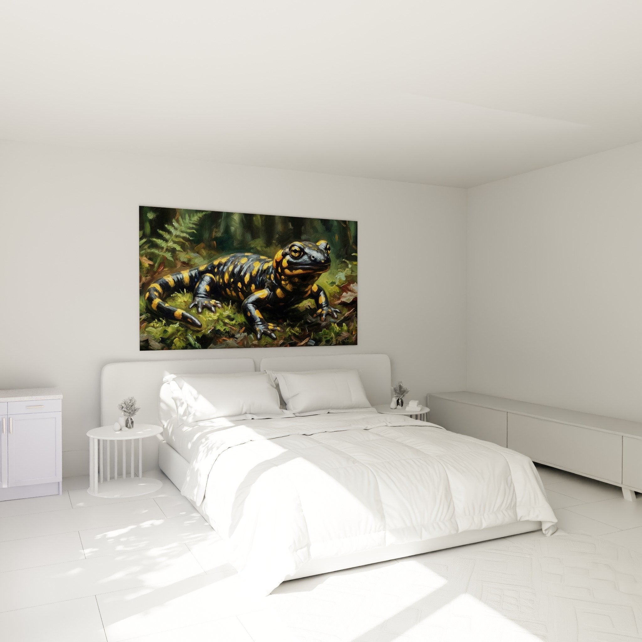 Tableau salamandre amphibien dans chambre déco naturelle murs verts mobilier bois