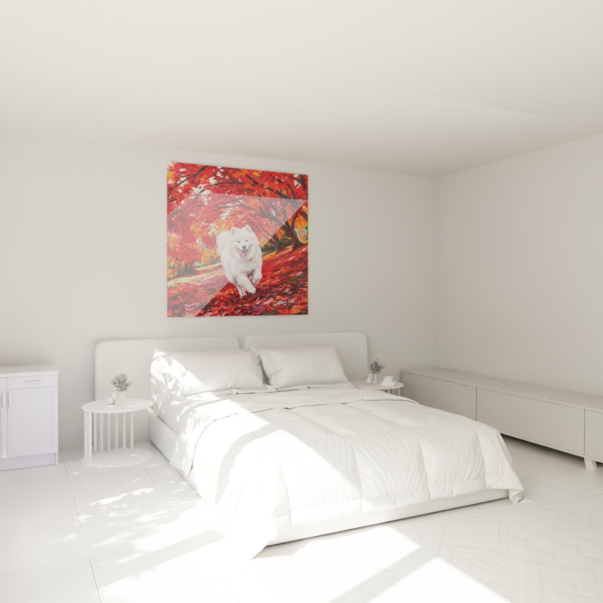 Tableau Samoyede automnal rouge orange décorant élégamment une chambre aux tons neutres et chaleureux