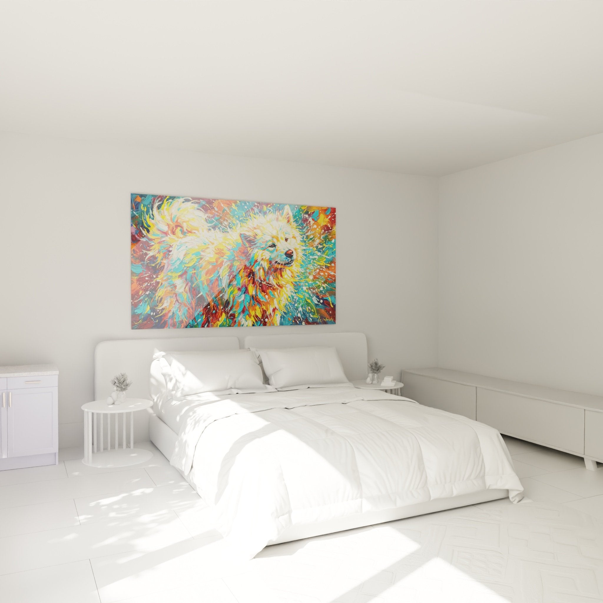 Decoration chambre tableau Samoyede coloré art mural moderne chien blanc eclats chromatiques
