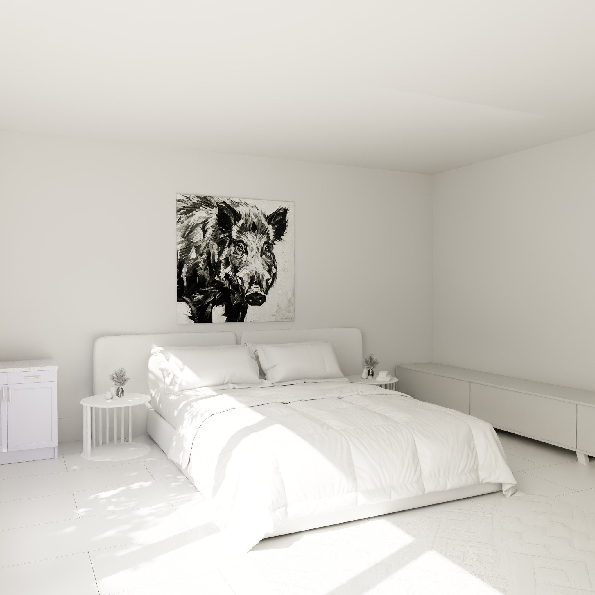 Bedroom decoration boar painting monochrome expressionist style authentic atmosphere