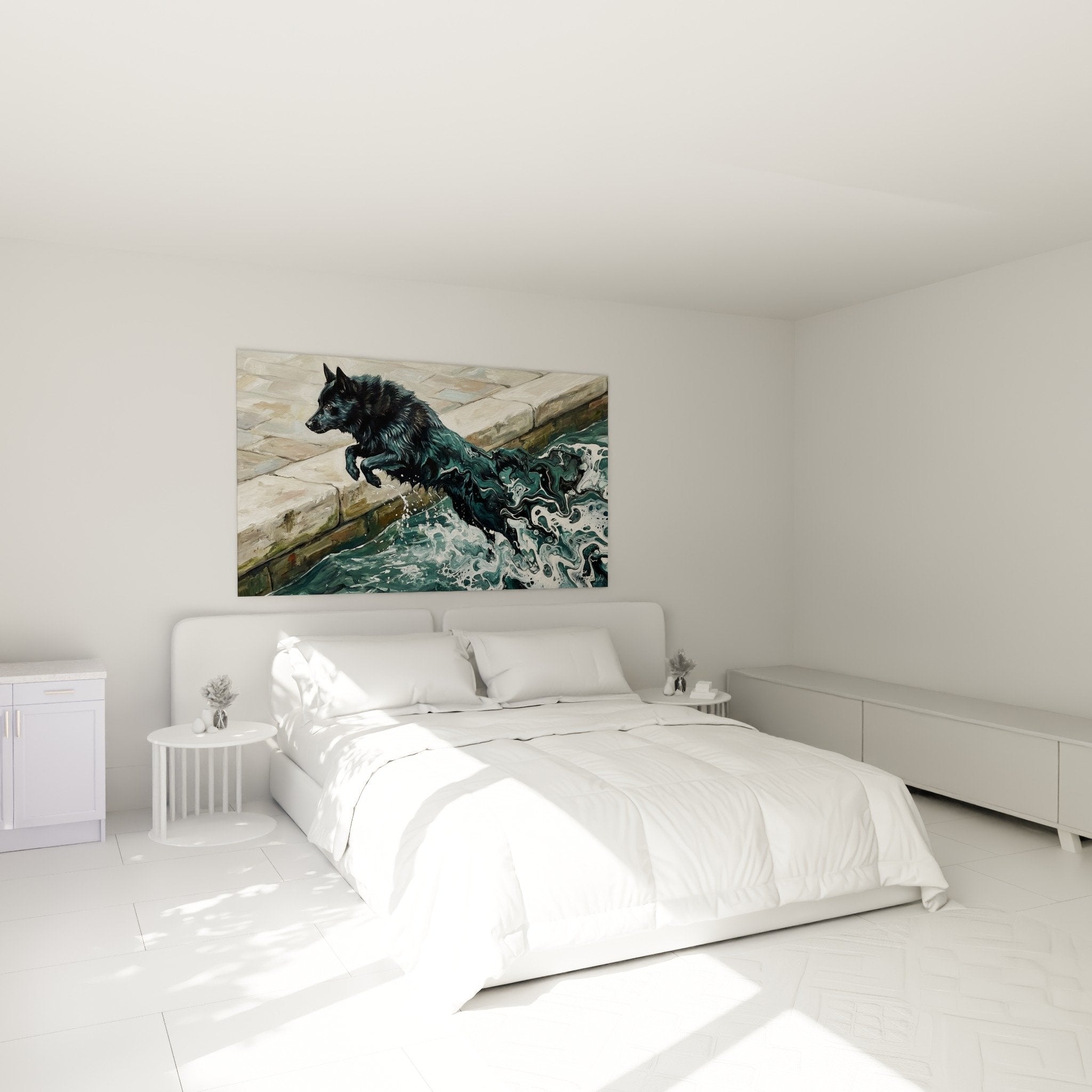 Deco chambre avec tableau schipperke aquatique noir et vert accroche au mur blanc moderne