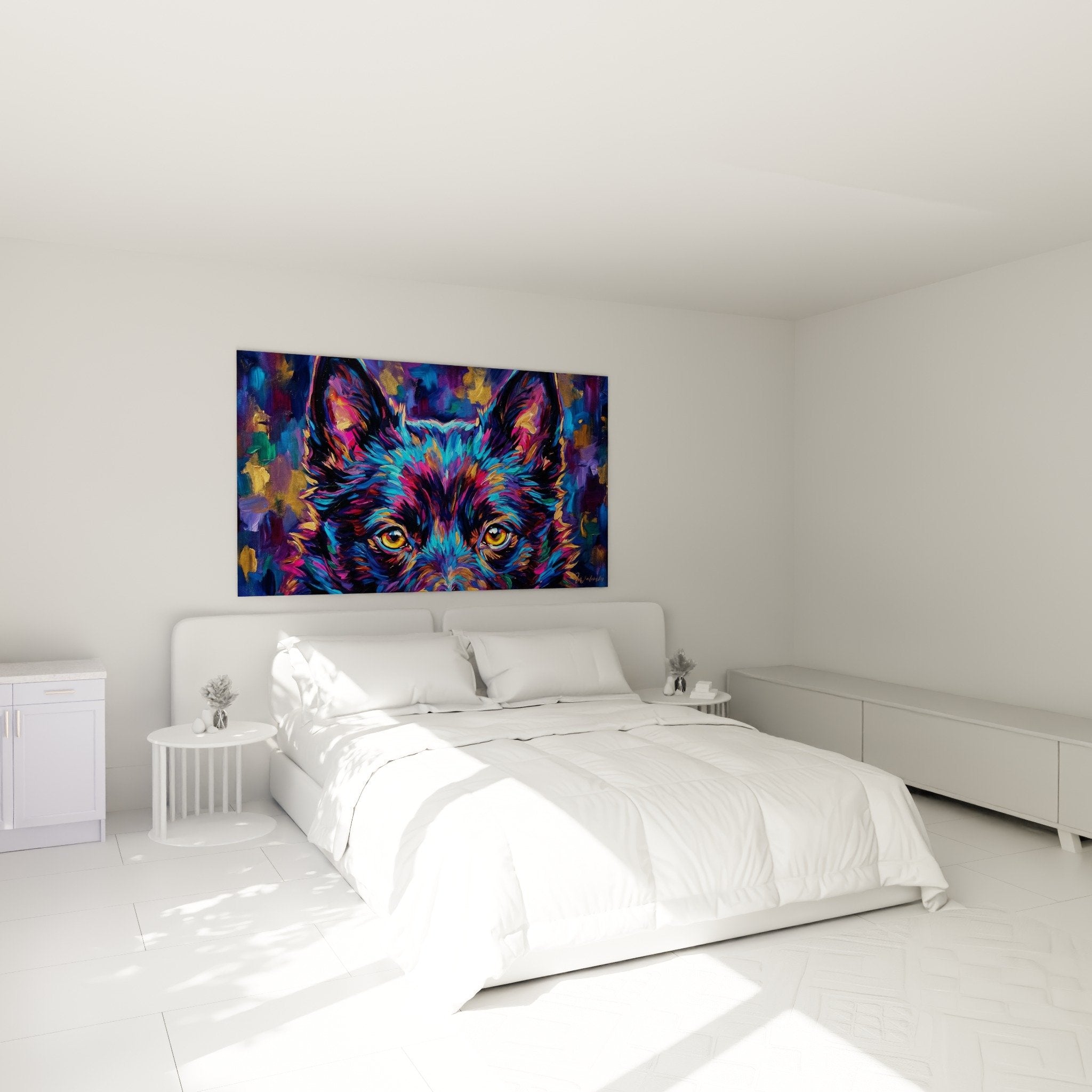 Buntes Schipperke Wandbild dekoriert modernes Schlafzimmer mit weißen Wänden, zeitgenössische vibrierende künstlerische Atmosphäre