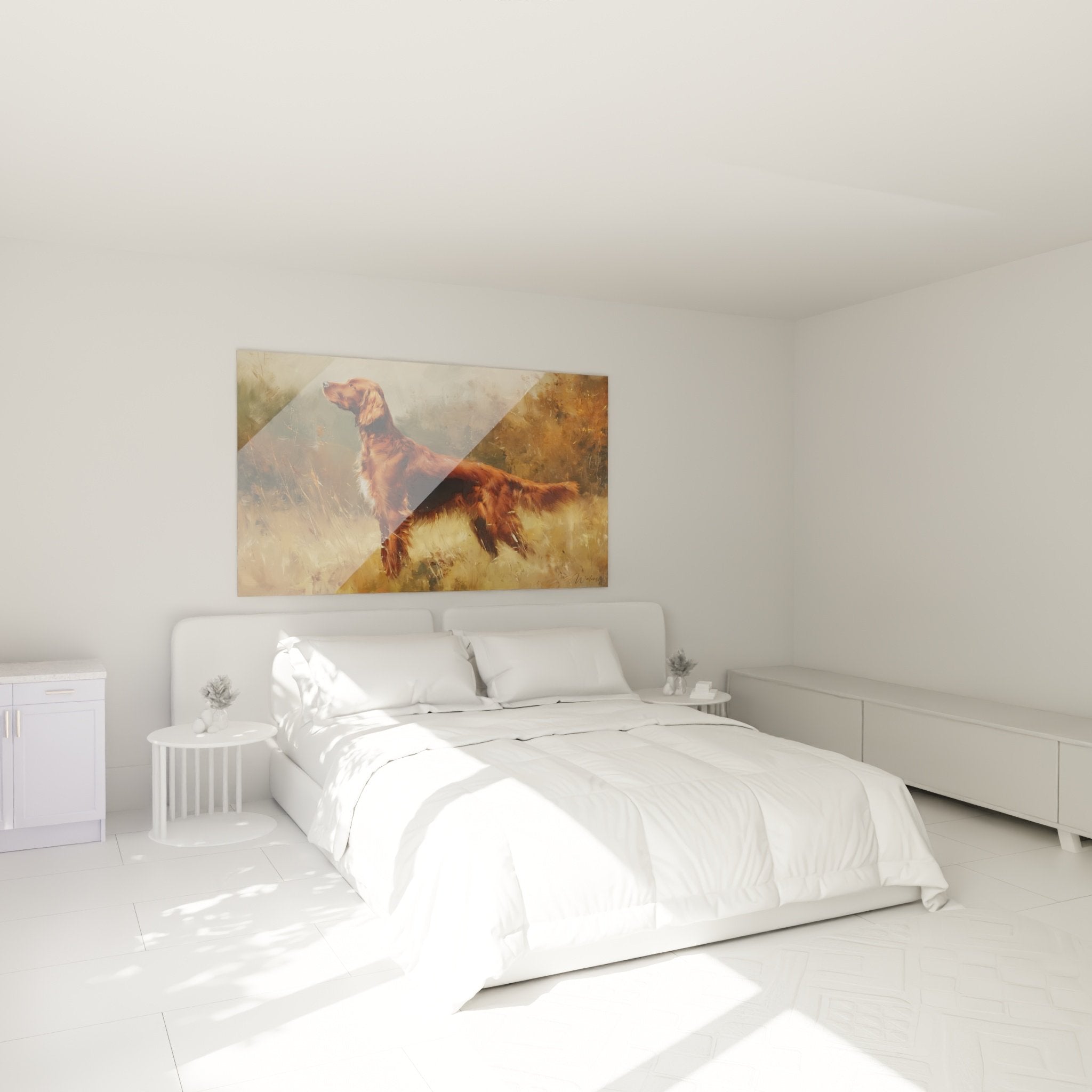 Décoration chambre avec tableau setter irlandais roux sur mur beige ambiance chaleureuse élégante