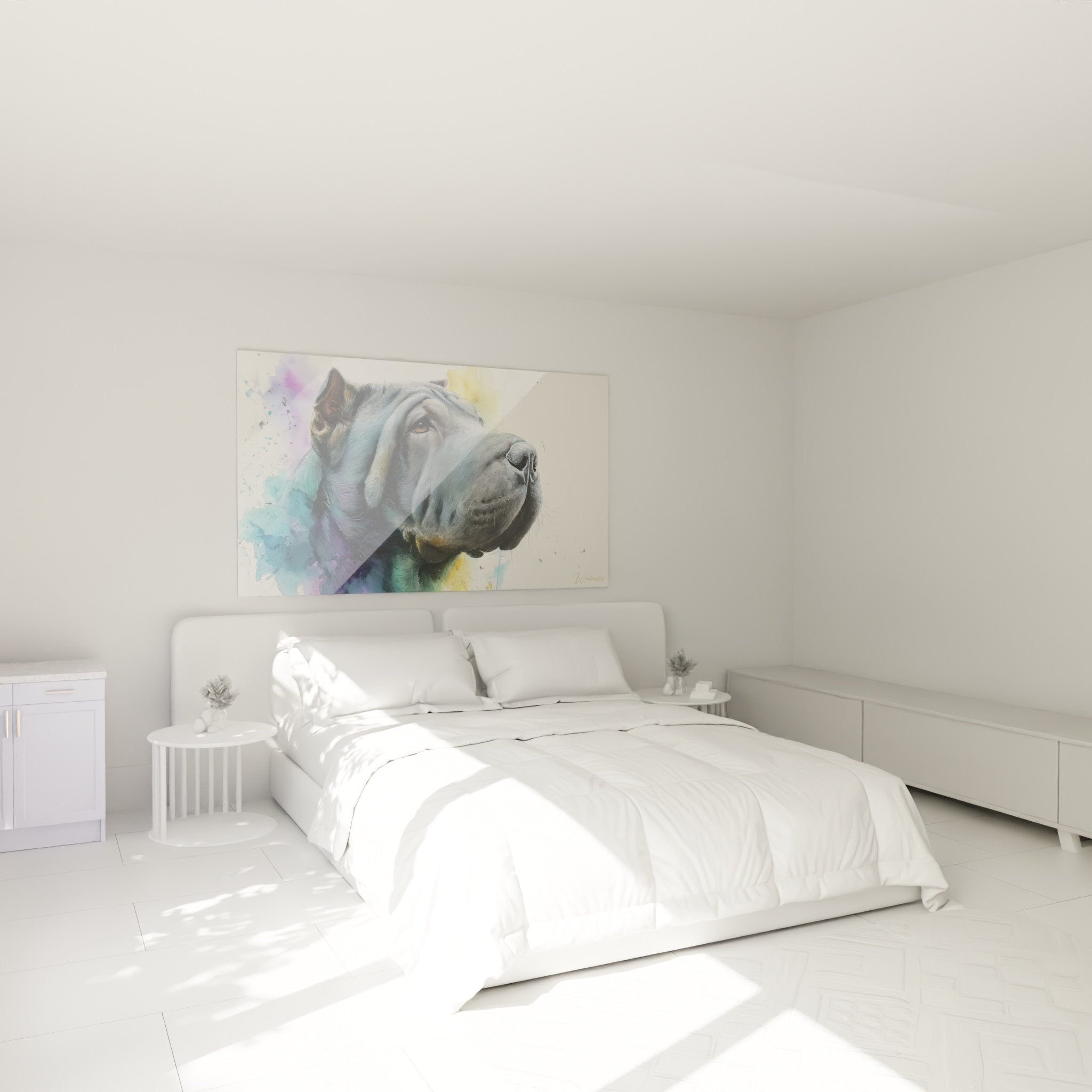 Nachdenklicher Shar-Pei-Kunstdruck mit farbigem Aquarell, das ein modernes Schlafzimmer in sanften Tönen dekoriert