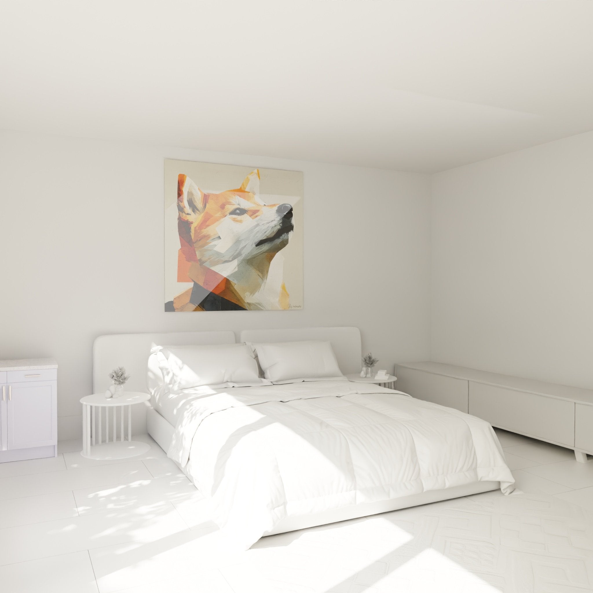 Décoration chambre avec tableau Shiba Inu géométrique orange ambiance chaleureuse mur beige mobilier bois