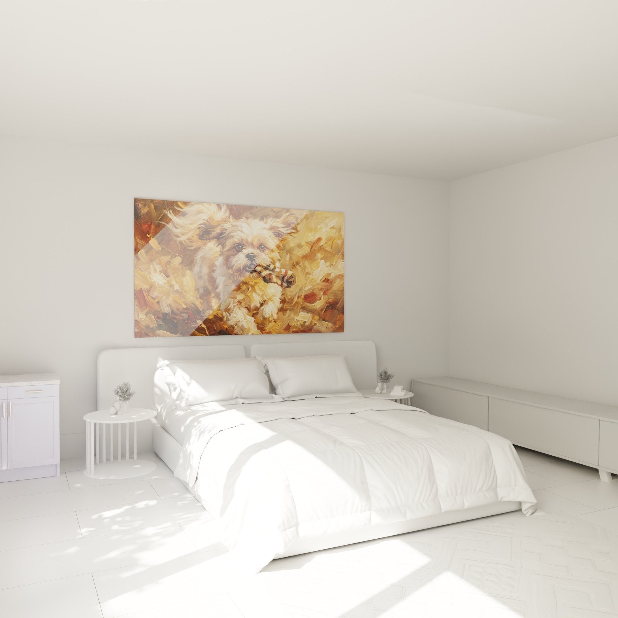 Decorazione camera da letto con quadro Shih Tzu dorato, atmosfera calda, parete beige, mobili in legno naturale