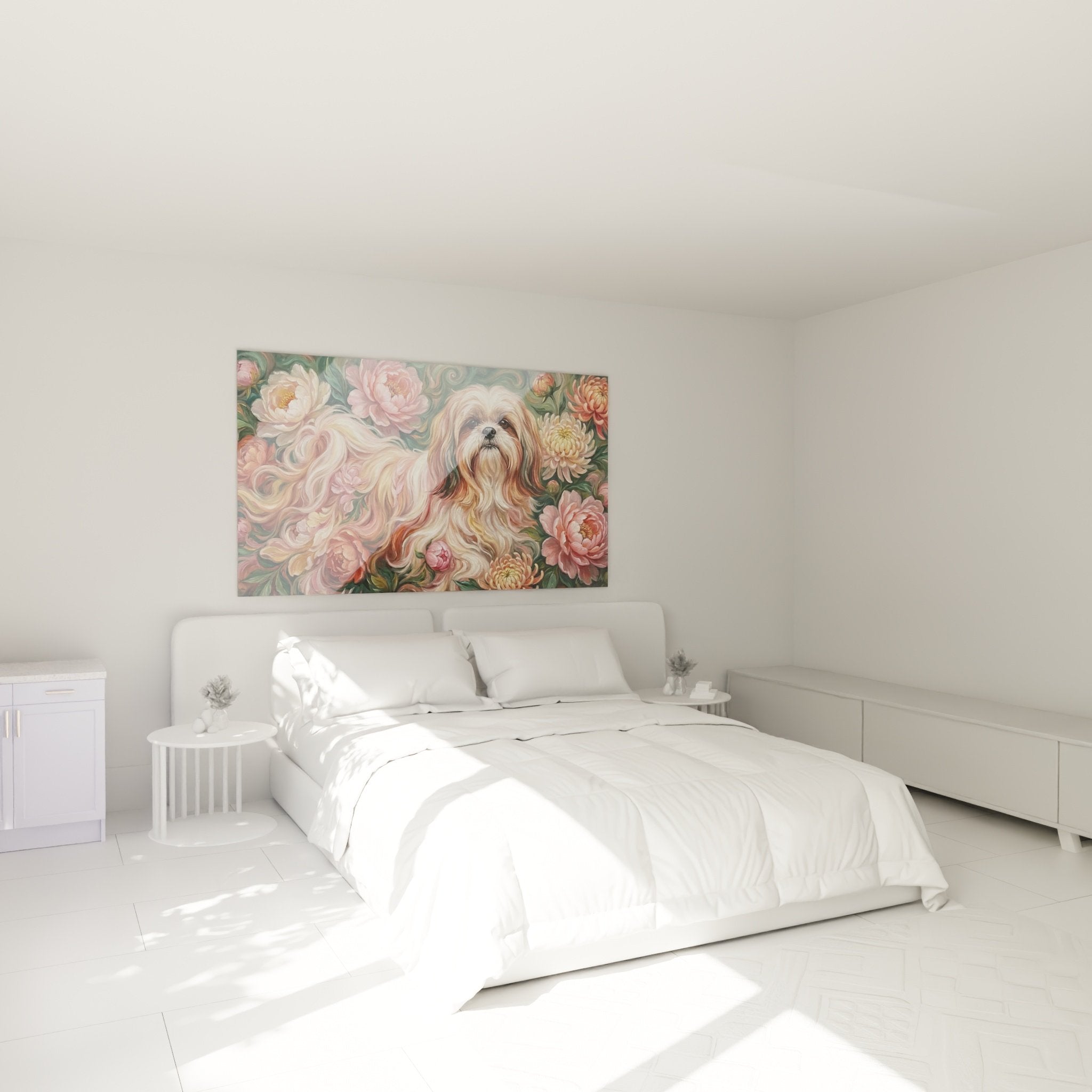 Décoration chambre avec tableau Shih Tzu floral aux nuances roses poudrés et beiges