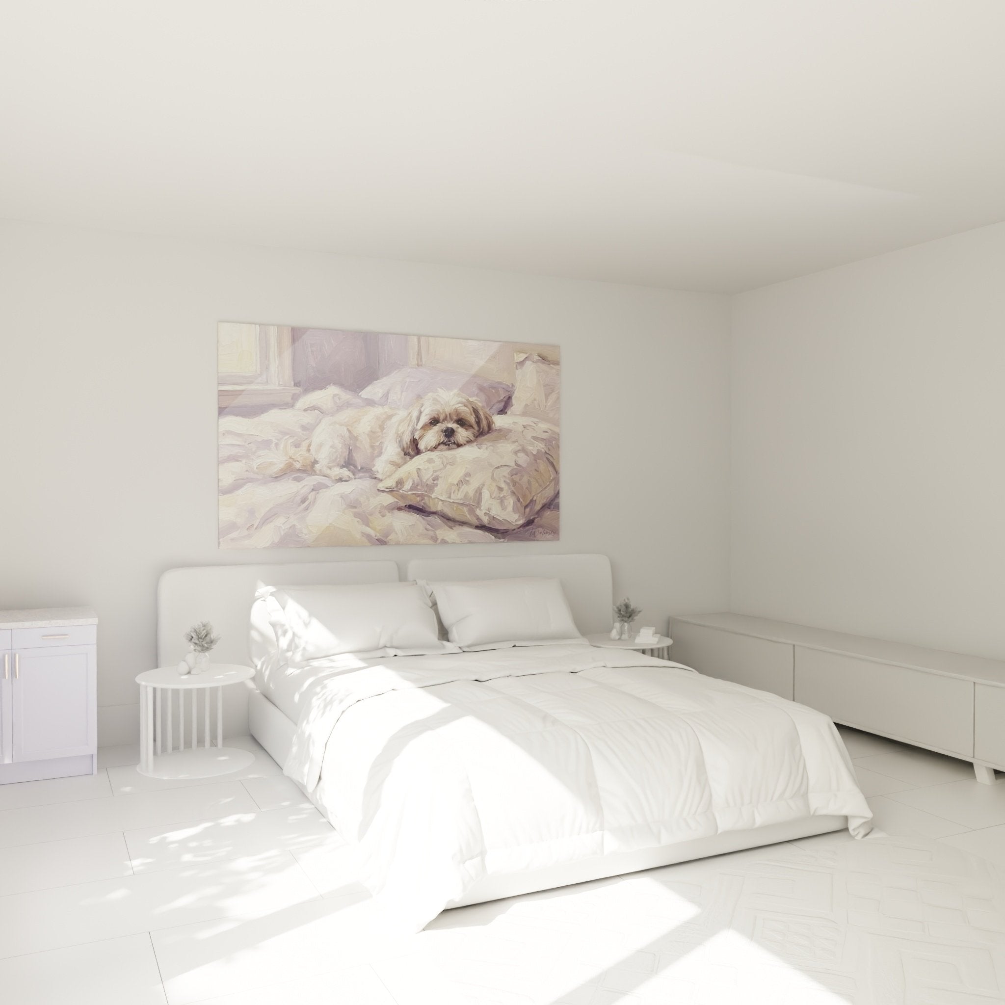 Décoration murale chambre avec tableau Shih Tzu endormi tons pastel ambiance cocooning romantique