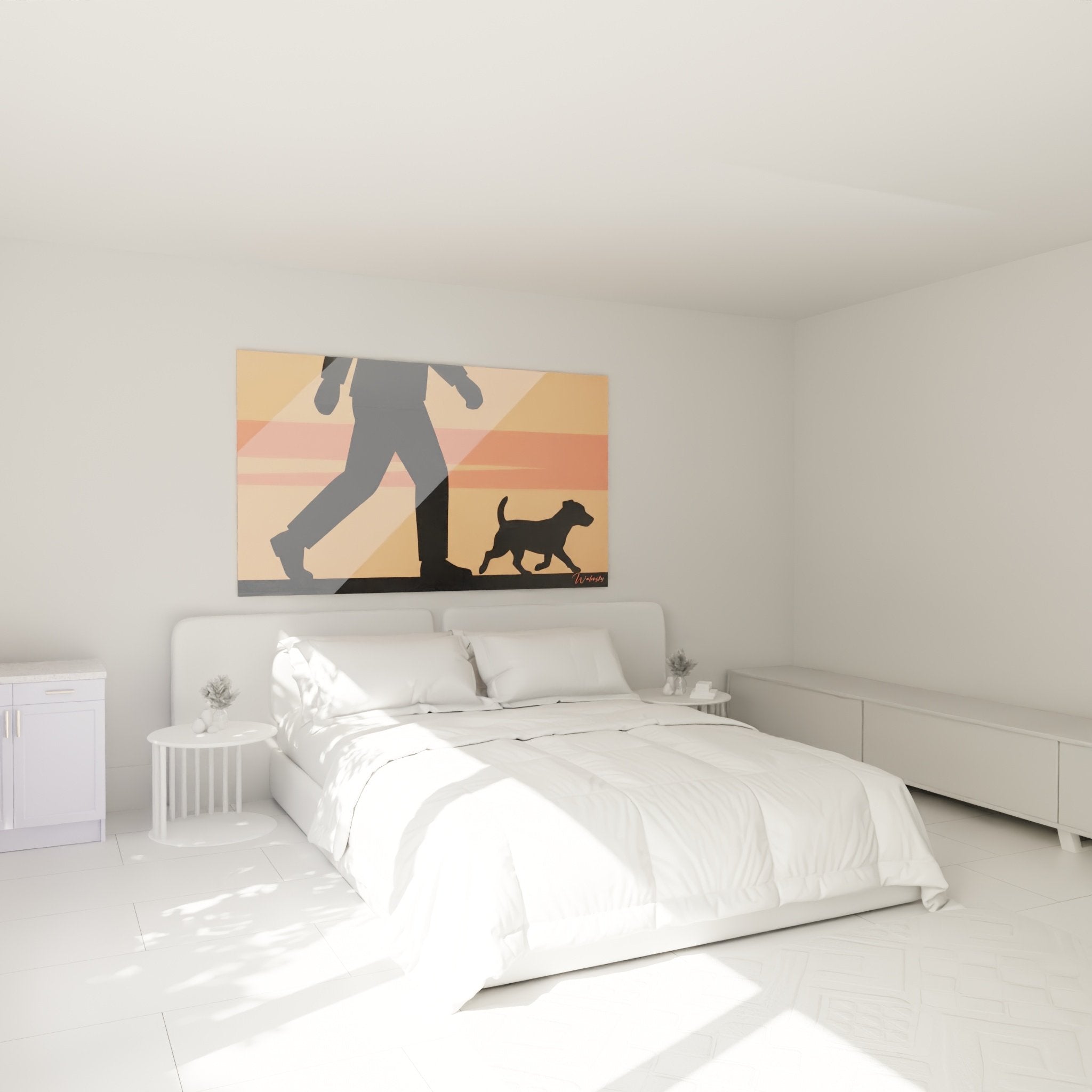 Tableau silhouette homme chien Jack Russel fond orangé déco murale chambre moderne élégante