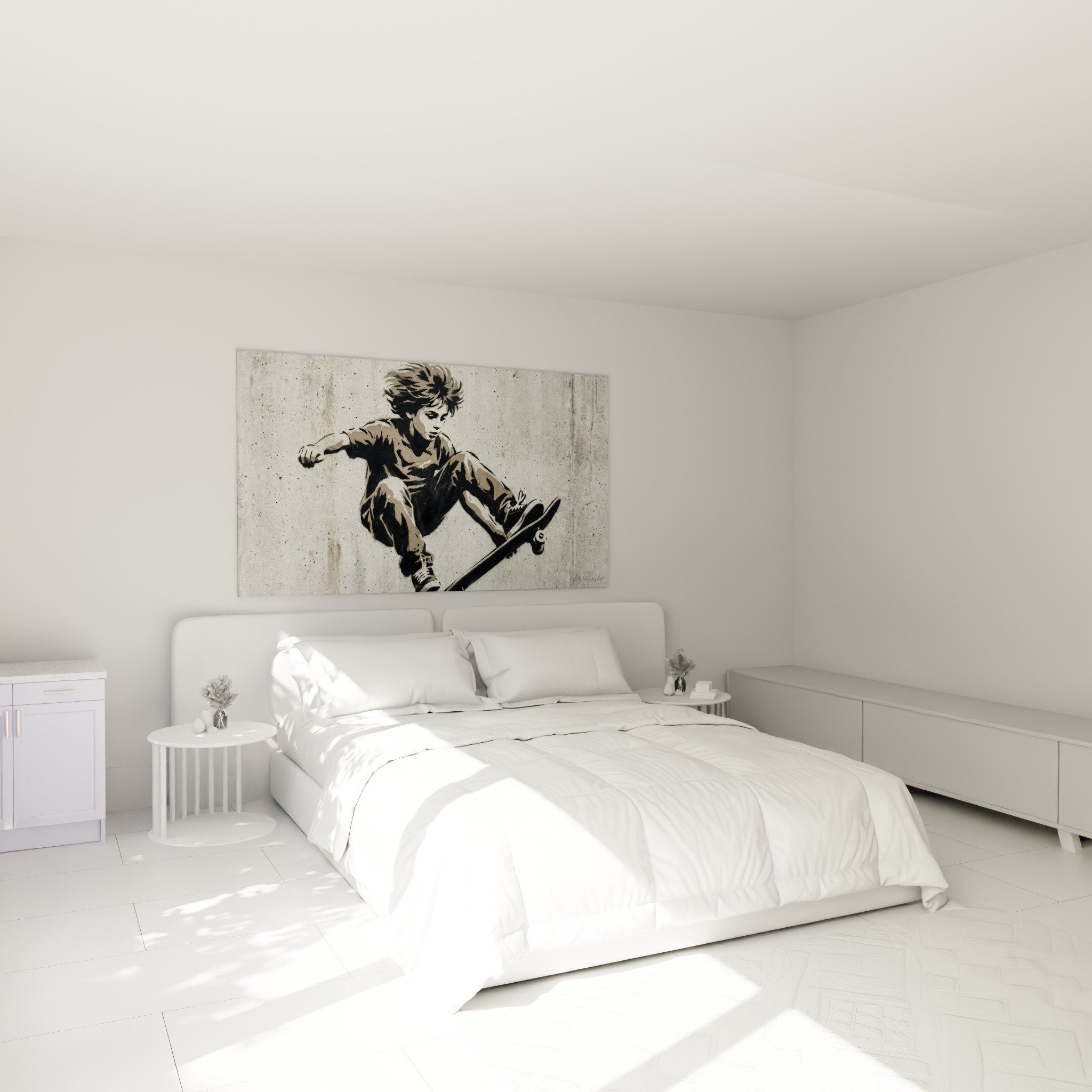 Tableau skateur urbain pochoir beige noir decoration murale chambre moderne style street art
