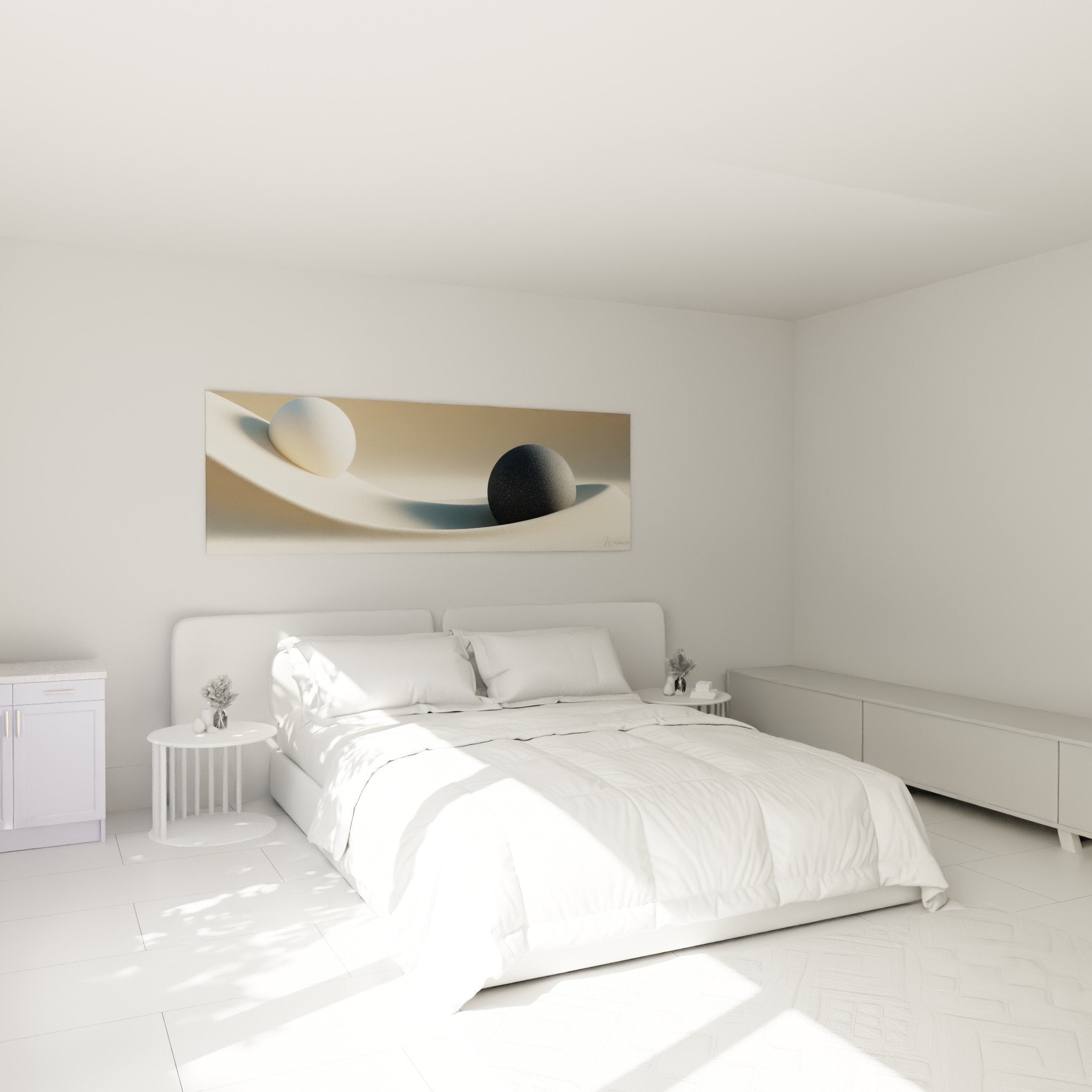 Tableau sphères contrastées dunes sable installé chambre tête de lit décoration murale apaisante tons neutres