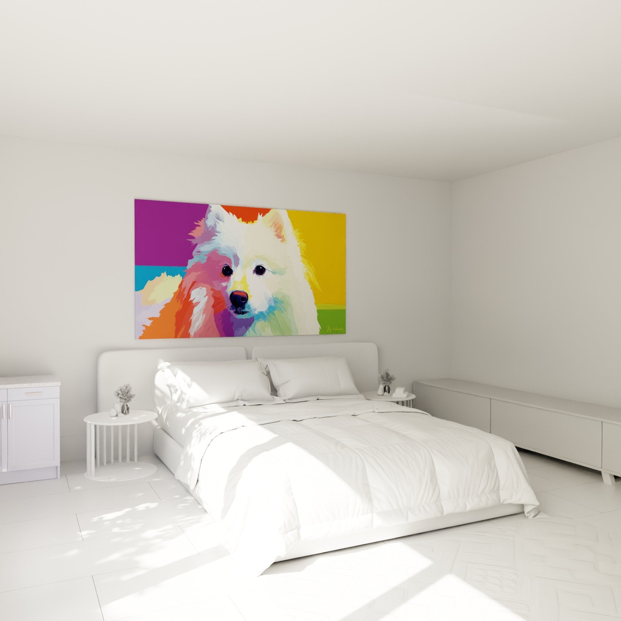 Tableau coloré de Spitz Japonais multicolore accroché dans chambre moderne, décoration murale artistique