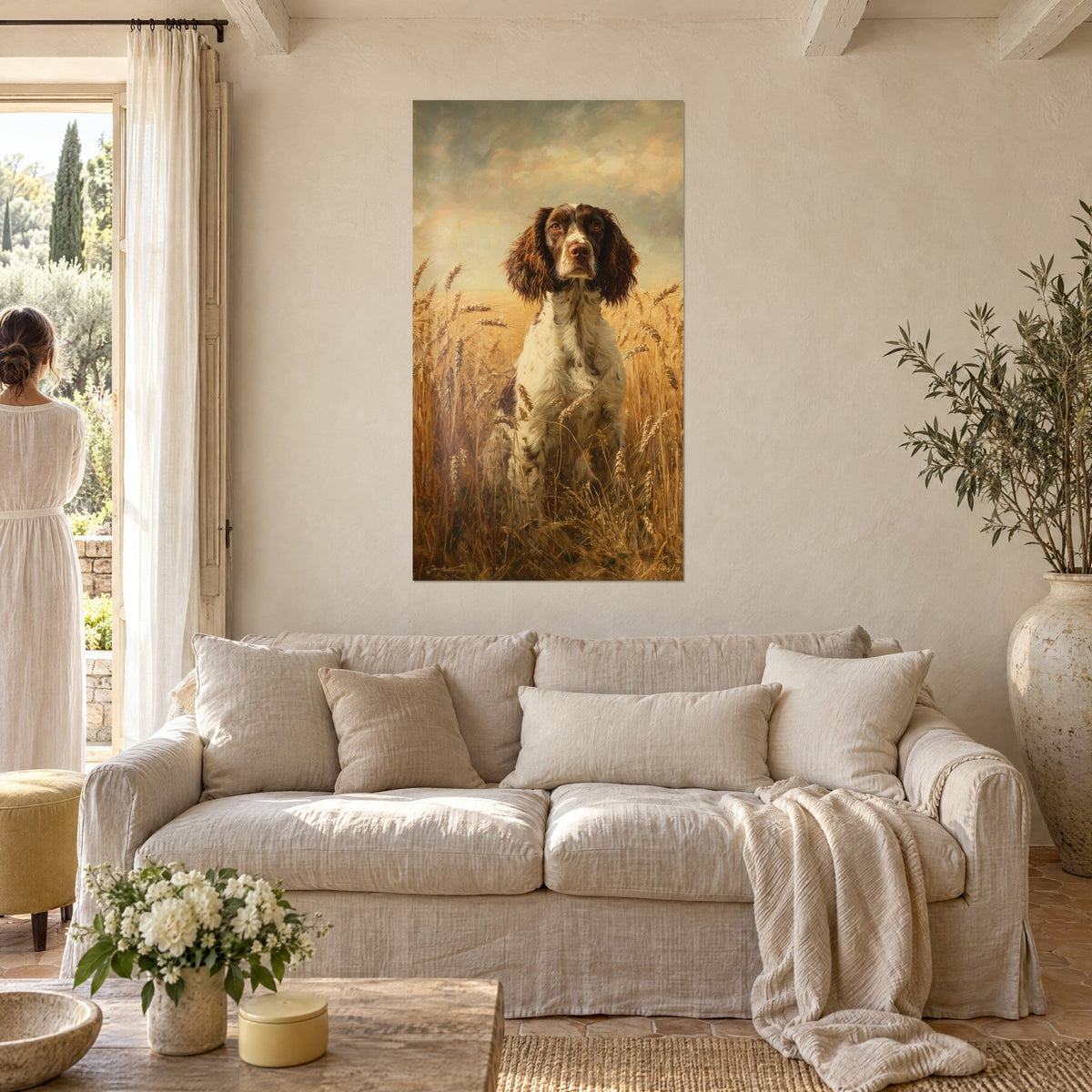 Gemälde Spaniel sitzt im goldenen Weizenfeld, braun-weißes Fell, bernsteinfarbener Himmel, über einem Sofa in einem hellen Wohnzimmer