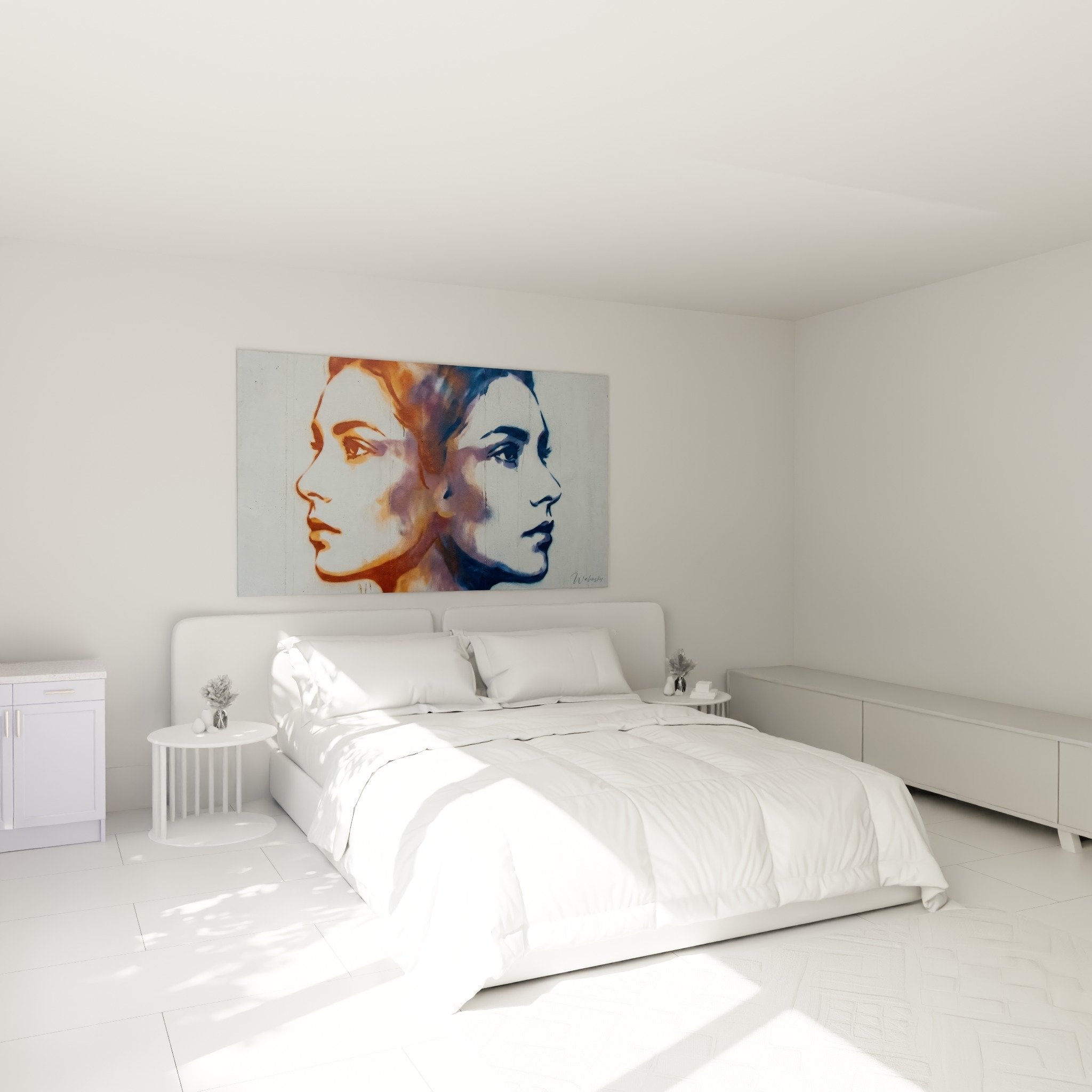Modern bedroom decor street art portrait mirror canvas orange blue gray wall contemporary