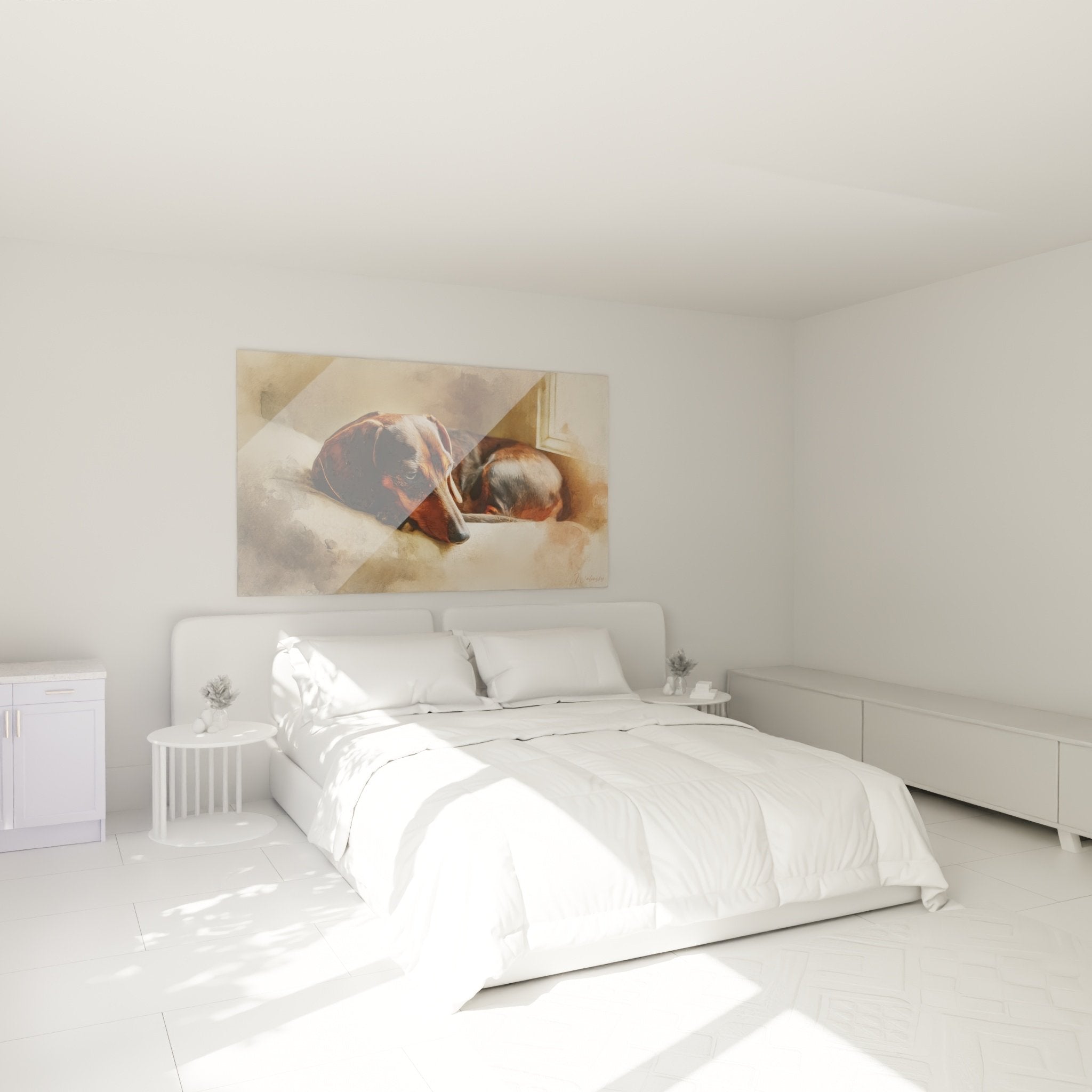 Bedroom decoration with sleeping dachshund watercolor painting warm copper tones on beige wall modern bed