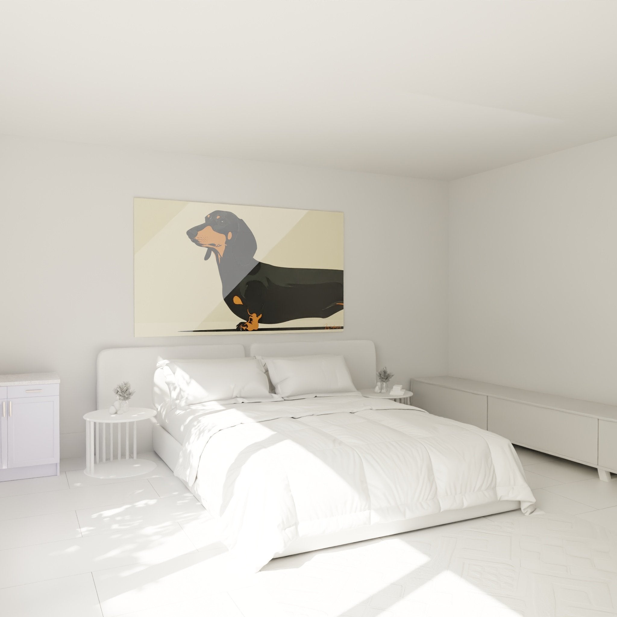 Décoration murale chambre avec tableau teckel noir et feu dans un intérieur contemporain aux tons neutres