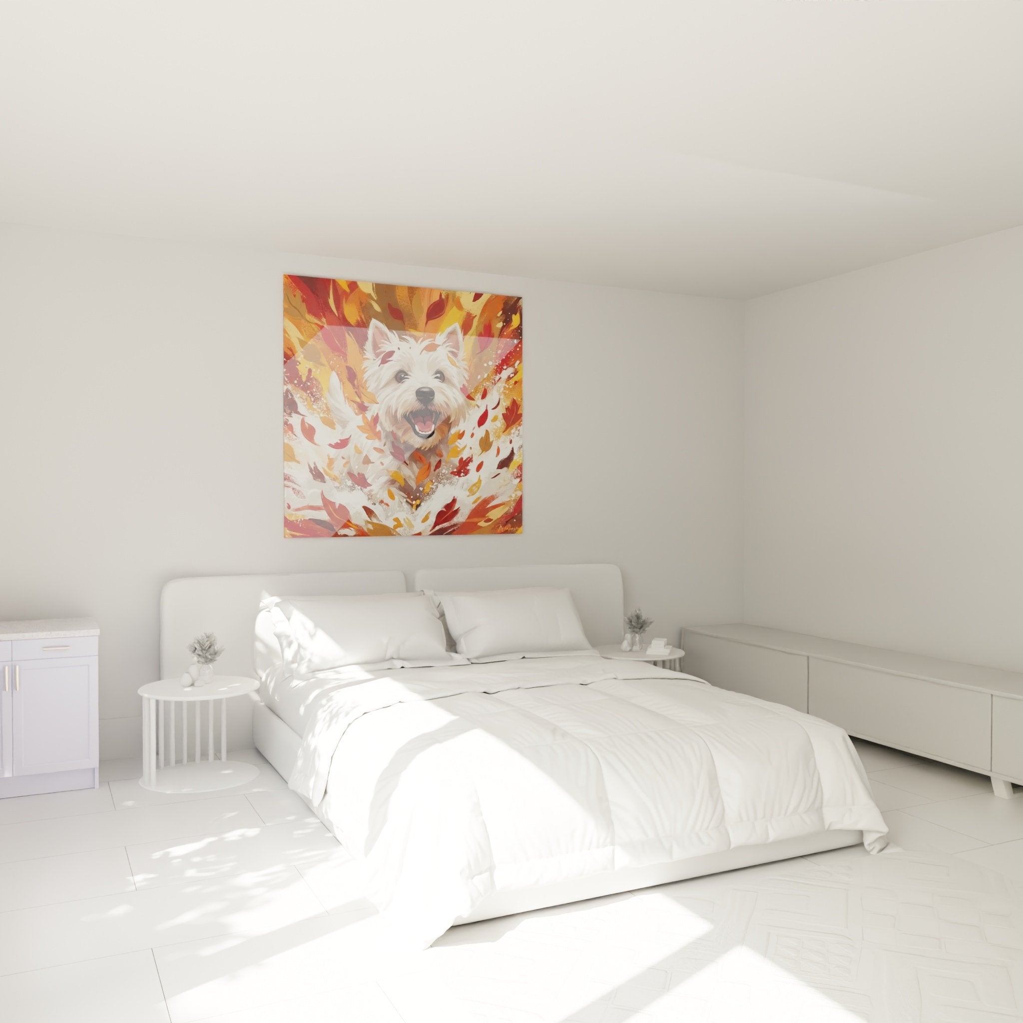 Tableau terrier blanc automnal décorant chambre moderne aux murs clairs avec mobilier en bois naturel