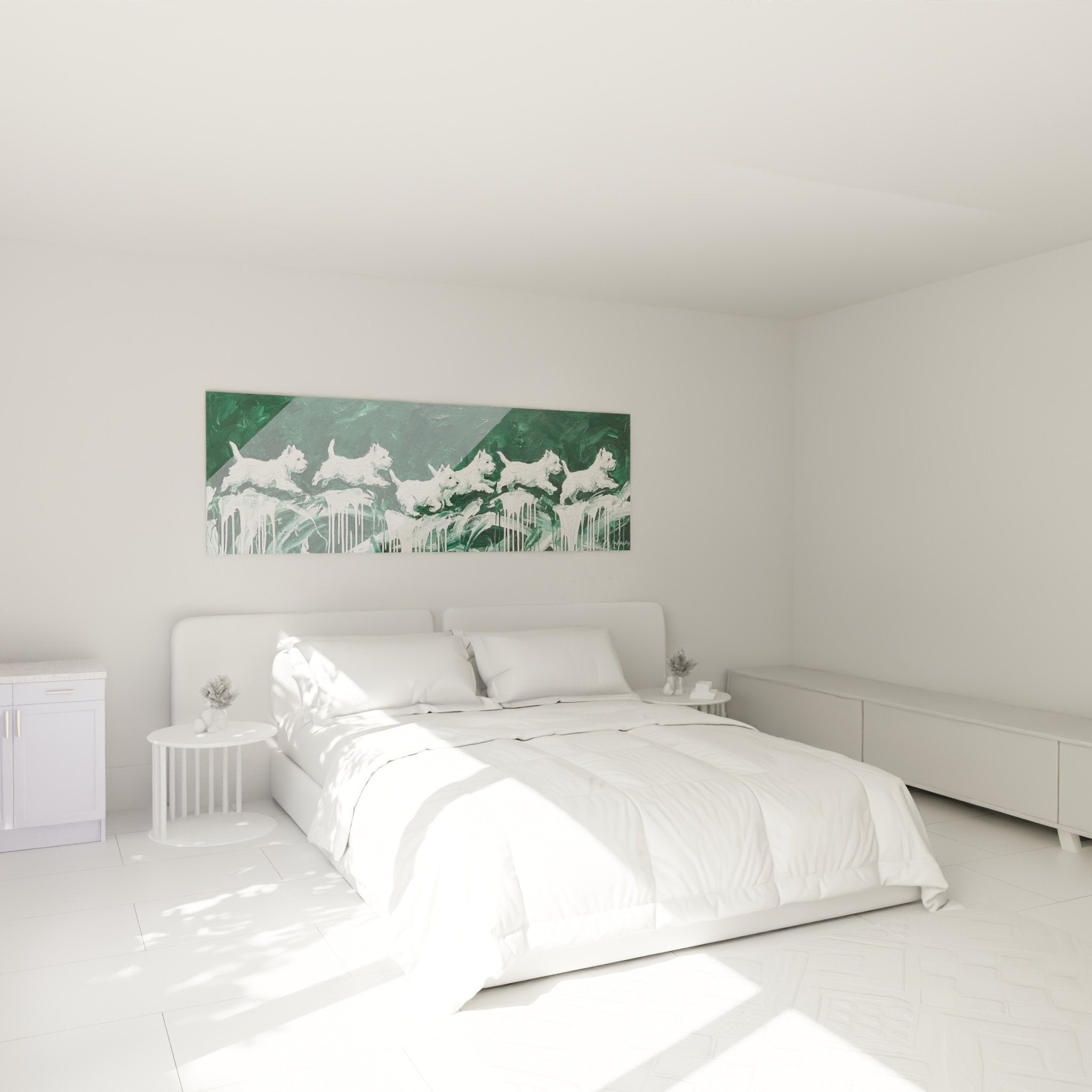 Décoration chambre avec tableau terriers blancs dynamique sur mur, ambiance moderne et énergique