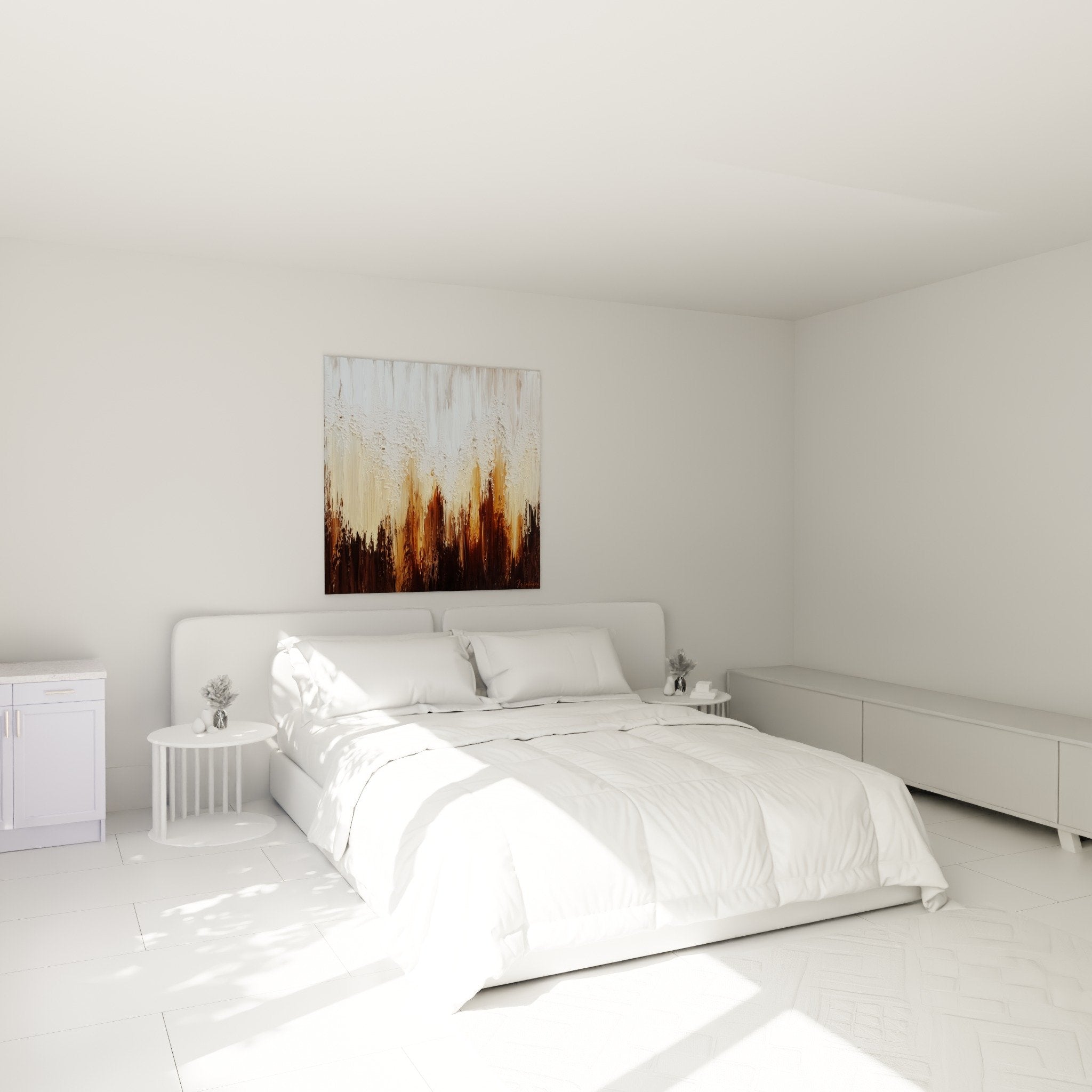 Textured abstract bedroom wall art in earth tones and white, calming feng shui earth element ambiance